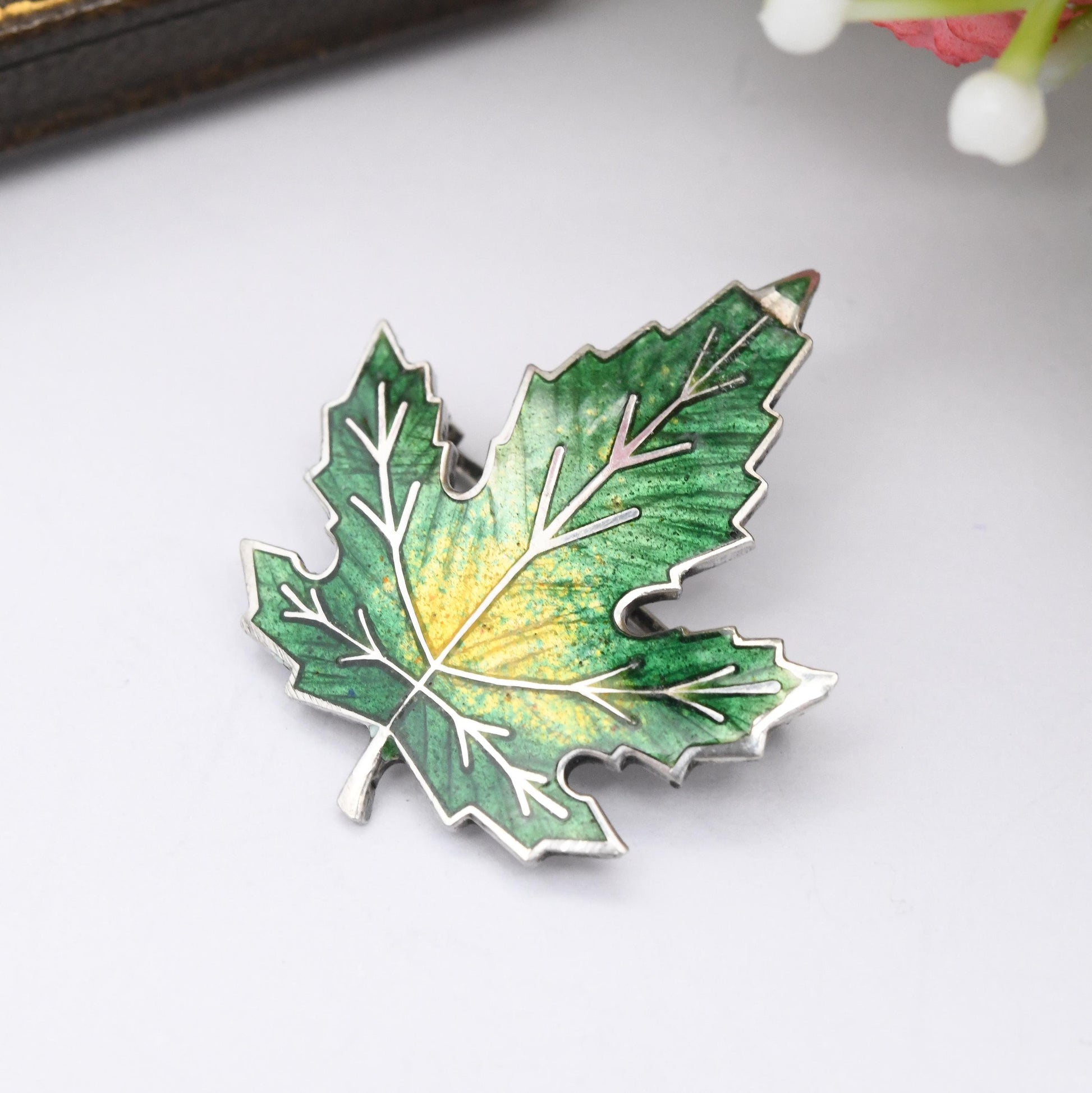 Vintage Sterling Silver Canada Maple Leaf Brooch Green Enamel - Green to Yellow Enamel Gradient Autumnal Leaf Design