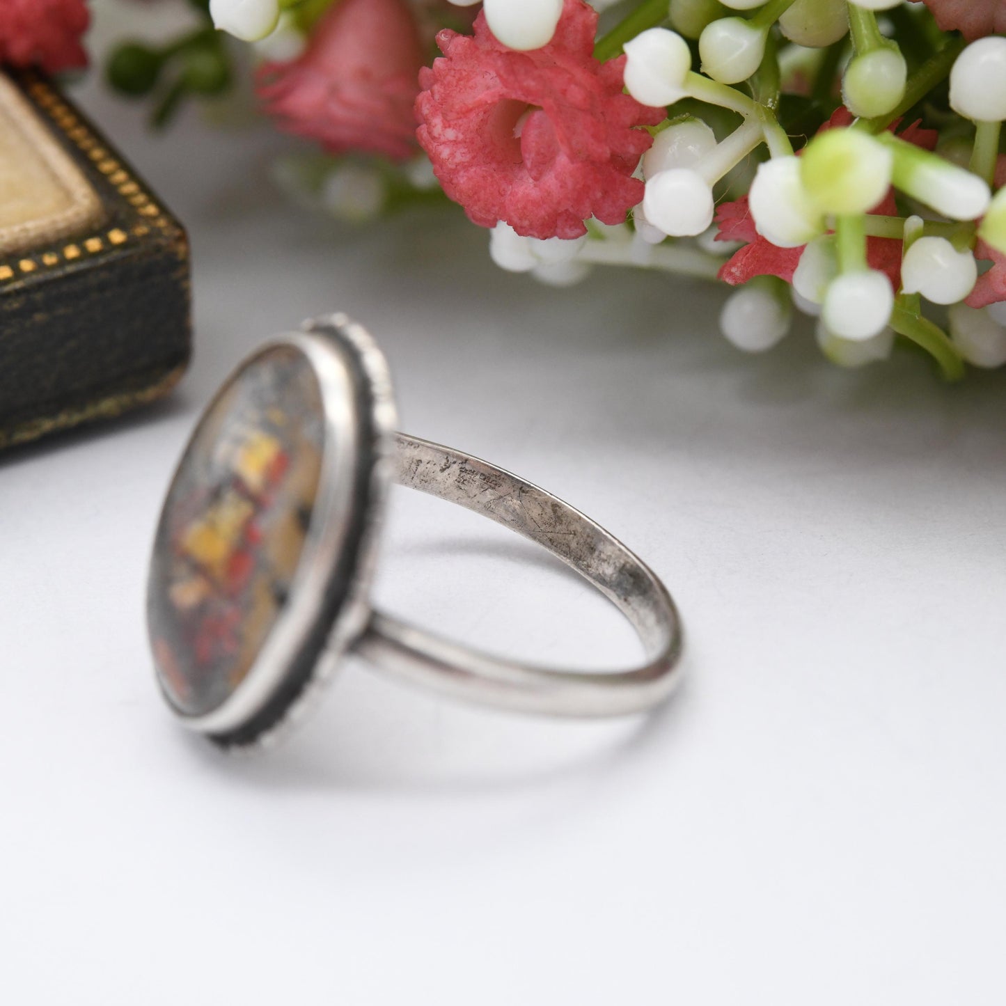 Vintage Sterling Silver Sailing Ship Ring Miniature Portrait on Butterfly Wing - Red & White Sails Painting | UK Size - N | US Size - 6 3/4