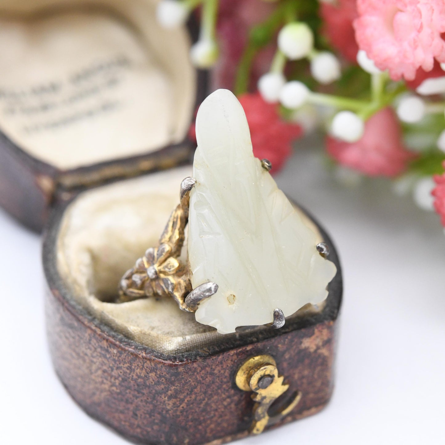 Vintage Chinese Export Silver Carved White Jade Ring with Bearded Man Seated - Gold Plated Mutton Fat Jade | UK Size - L | US Size - 5 3/4