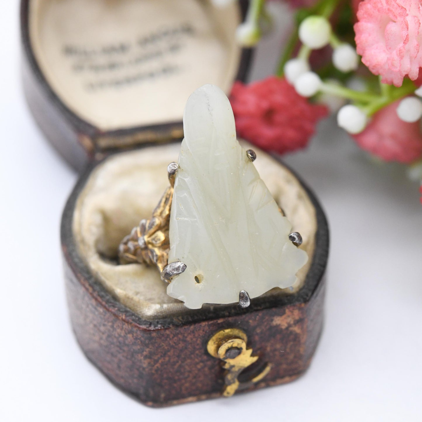 Vintage Chinese Export Silver Carved White Jade Ring with Bearded Man Seated - Gold Plated Mutton Fat Jade | UK Size - L | US Size - 5 3/4