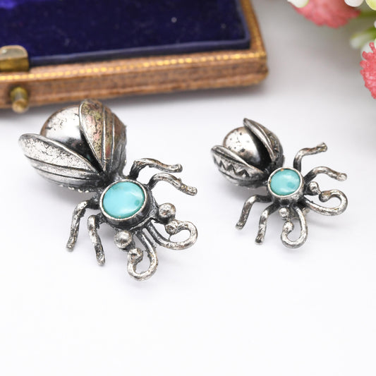 Vintage Maisel's Indian Trading Post Sterling Silver Turquoise Bug Brooches - New Mexico Signed Insect Jewellery Matching Pair in Two Sizes