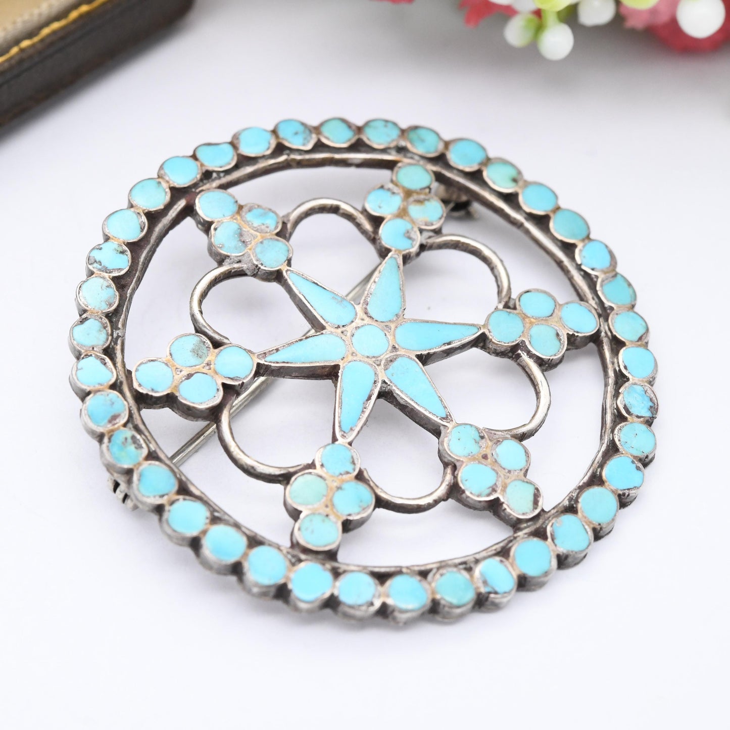 Frank Dishta Zuni Vintage Silver Turquoise Brooch - Blue Gemstone Inlaid Collectable New Mexico Silver Jewellery Designer USA | c. 1950s