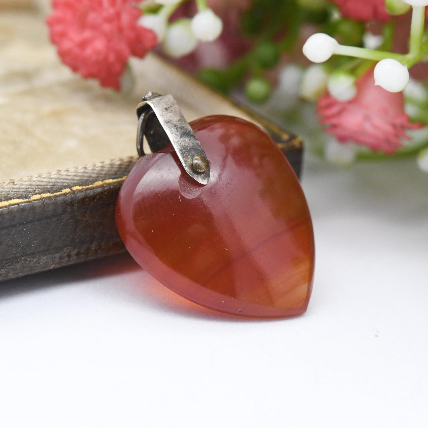 Antique Victorian Agate Heart Pendant - Red Banded Agate Gemstone Small Love Heart Charm Necklace Stack Pretty Gift for Her