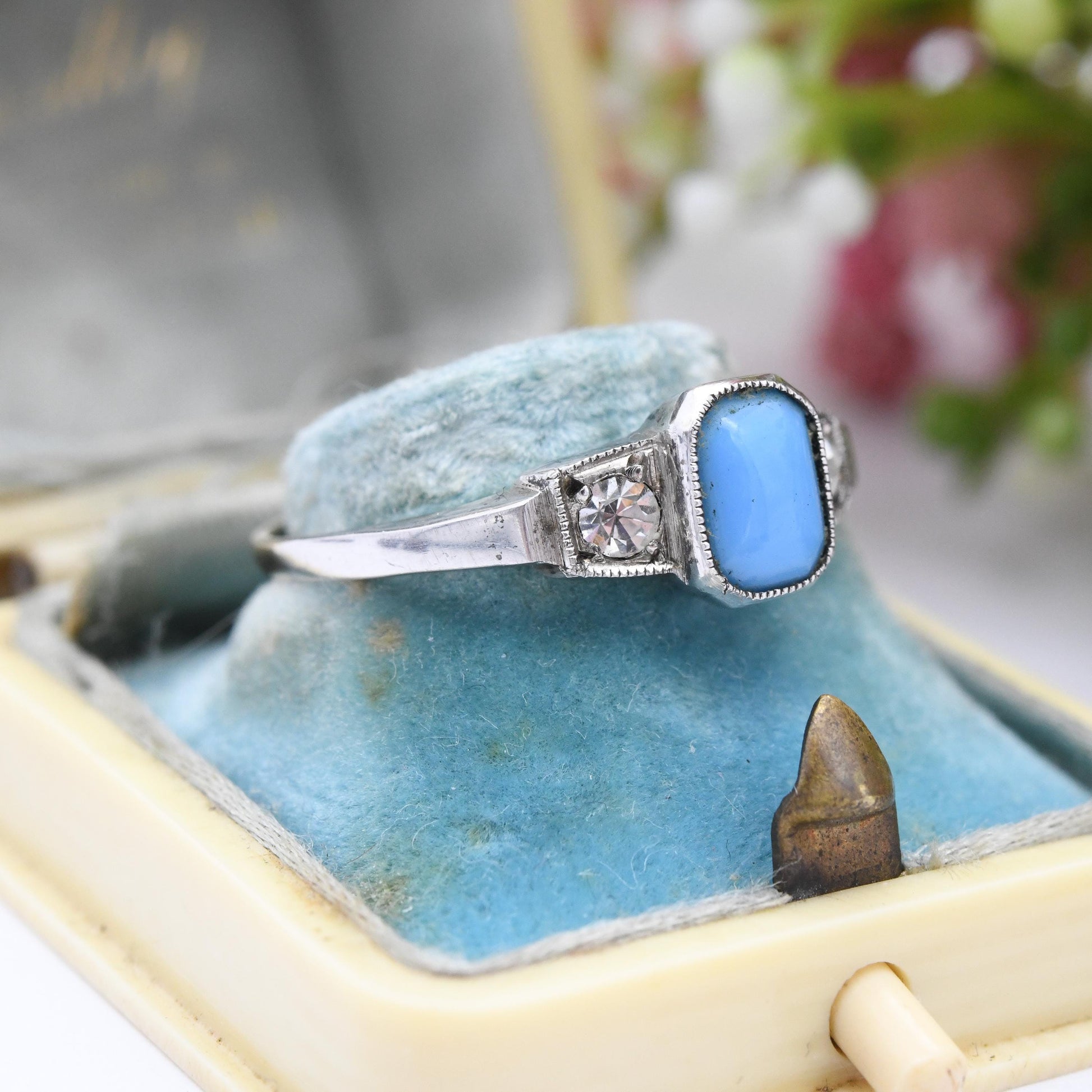 Antique Art Deco 9ct Gold & Sterling Silver Blue Stone Paste Ring - Three Stone Trilogy | Milgrain Bezel | UK Size - R | US Size - 8 3/4