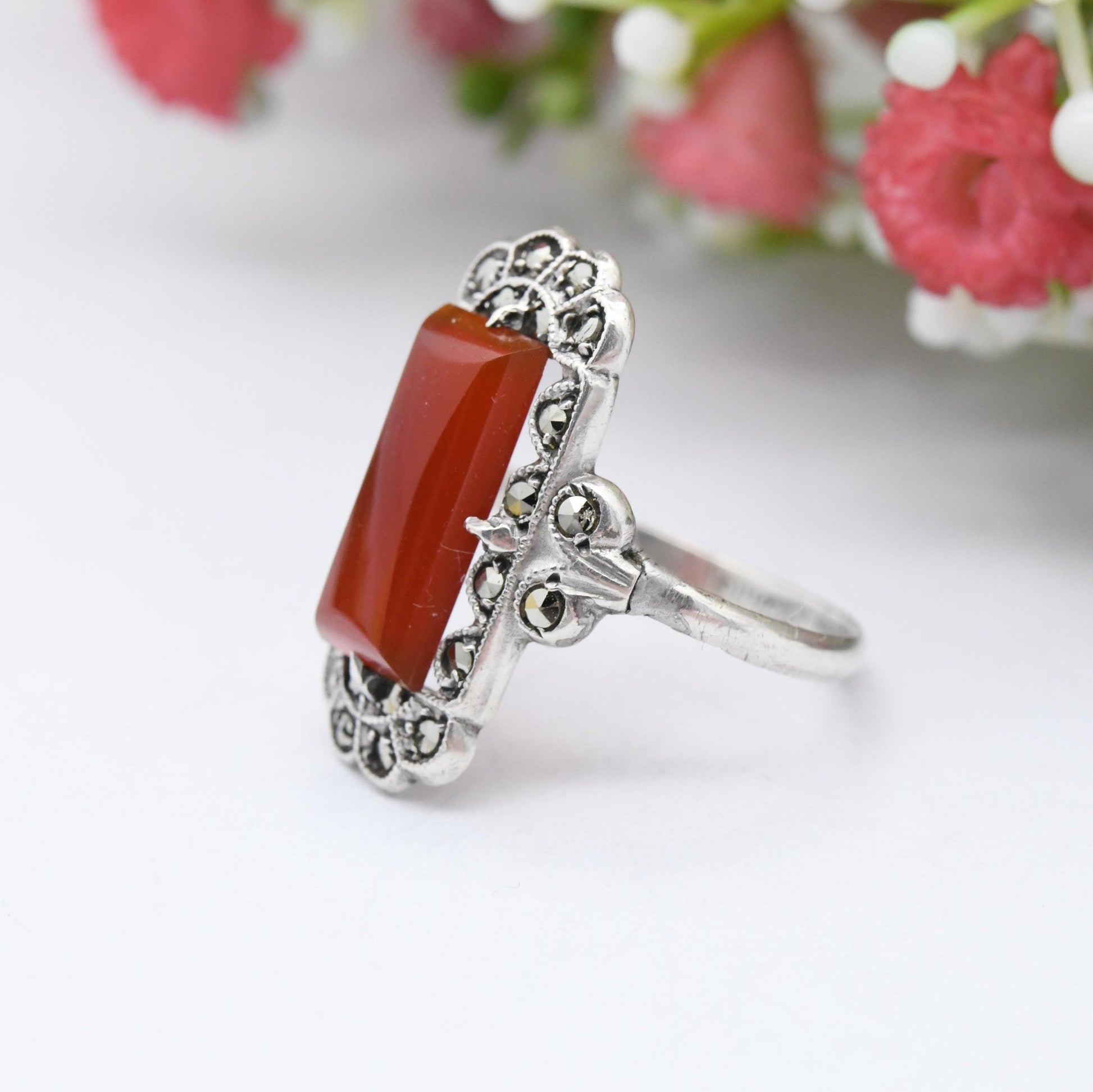 Vintage Art Deco Silver Carnelian Marcasite Ring Made in England - Barrel Shape Cabochon Gemstone Halo | UK Size - O 1/2 | US Size - 7 1/2