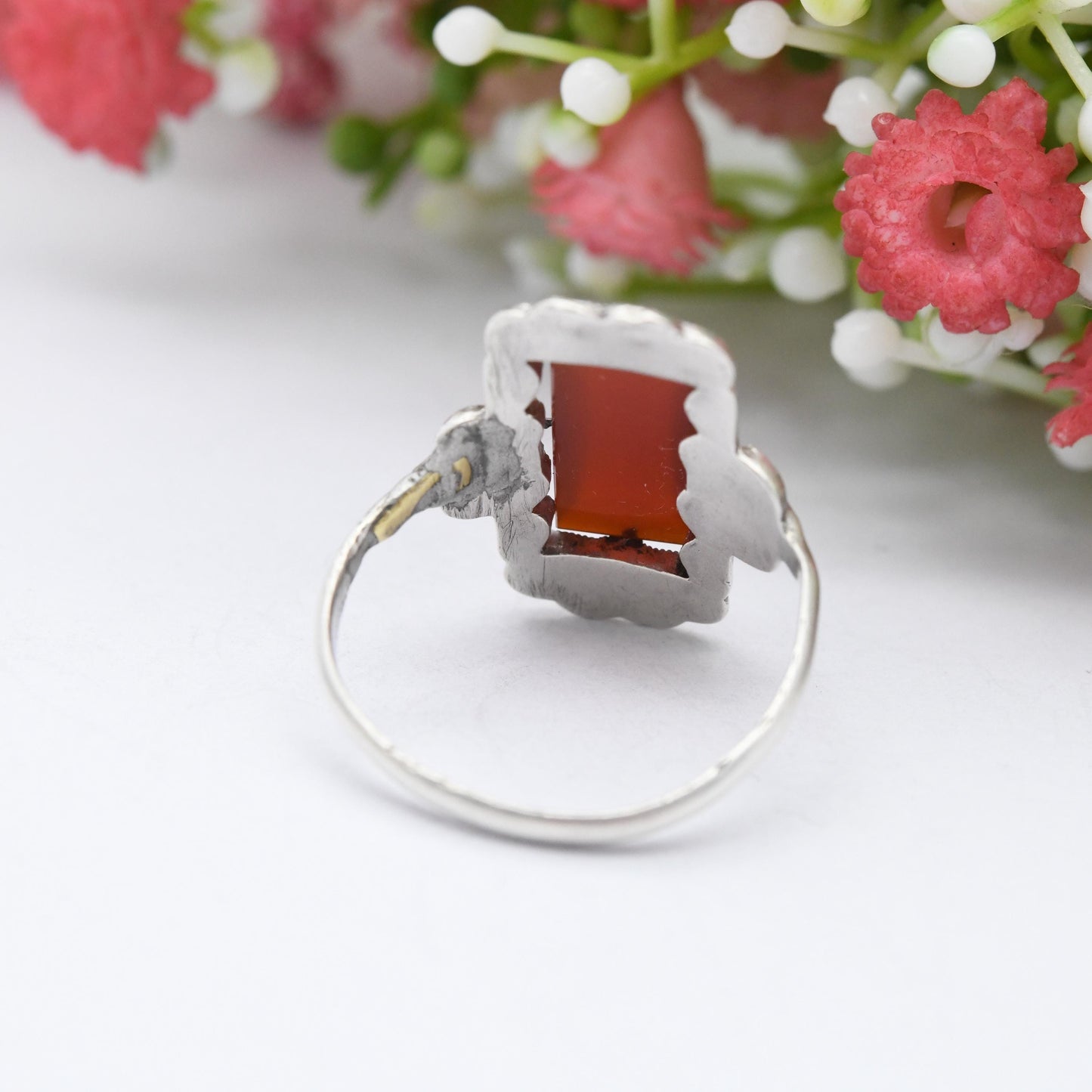 Vintage Art Deco Silver Carnelian Marcasite Ring Made in England - Barrel Shape Cabochon Gemstone Halo | UK Size - O 1/2 | US Size - 7 1/2