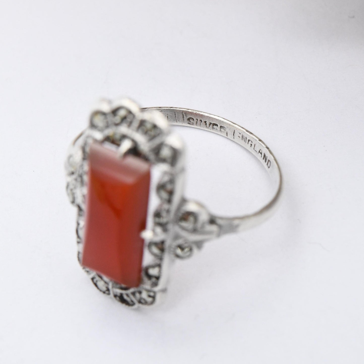 Vintage Art Deco Silver Carnelian Marcasite Ring Made in England - Barrel Shape Cabochon Gemstone Halo | UK Size - O 1/2 | US Size - 7 1/2