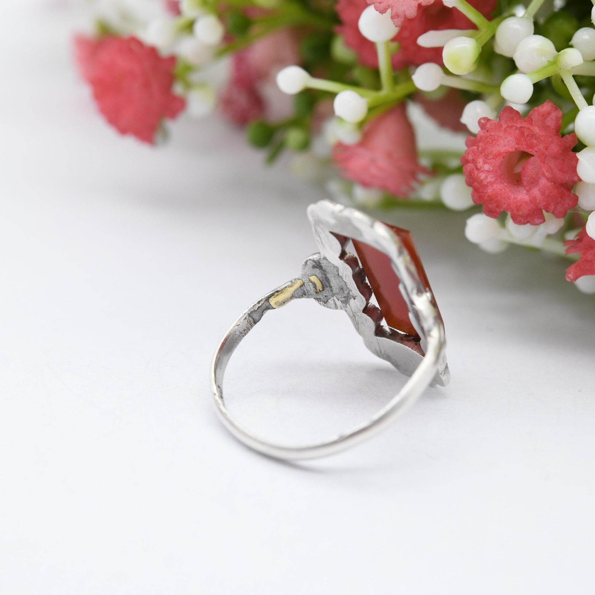 Vintage Art Deco Silver Carnelian Marcasite Ring Made in England - Barrel Shape Cabochon Gemstone Halo | UK Size - O 1/2 | US Size - 7 1/2