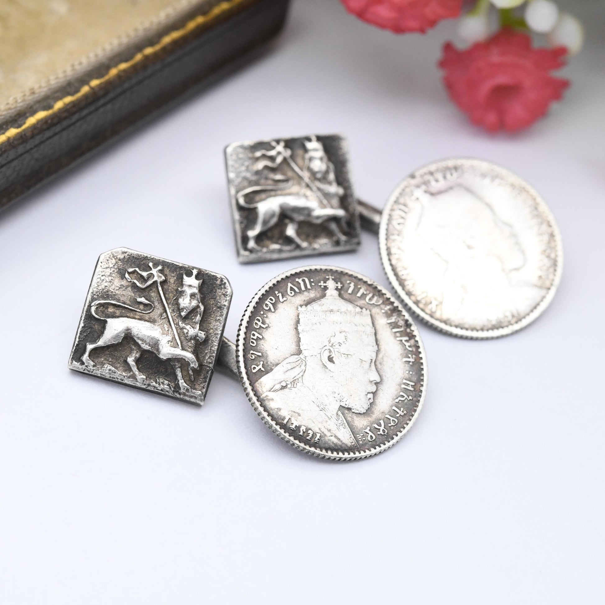 Antique Ethiopian Silver Coin Cufflinks with Lion of Judah Menelik II 1 Ghersh c. 1900 - Collectable Coin Jewellery Crowned Lion with Cross