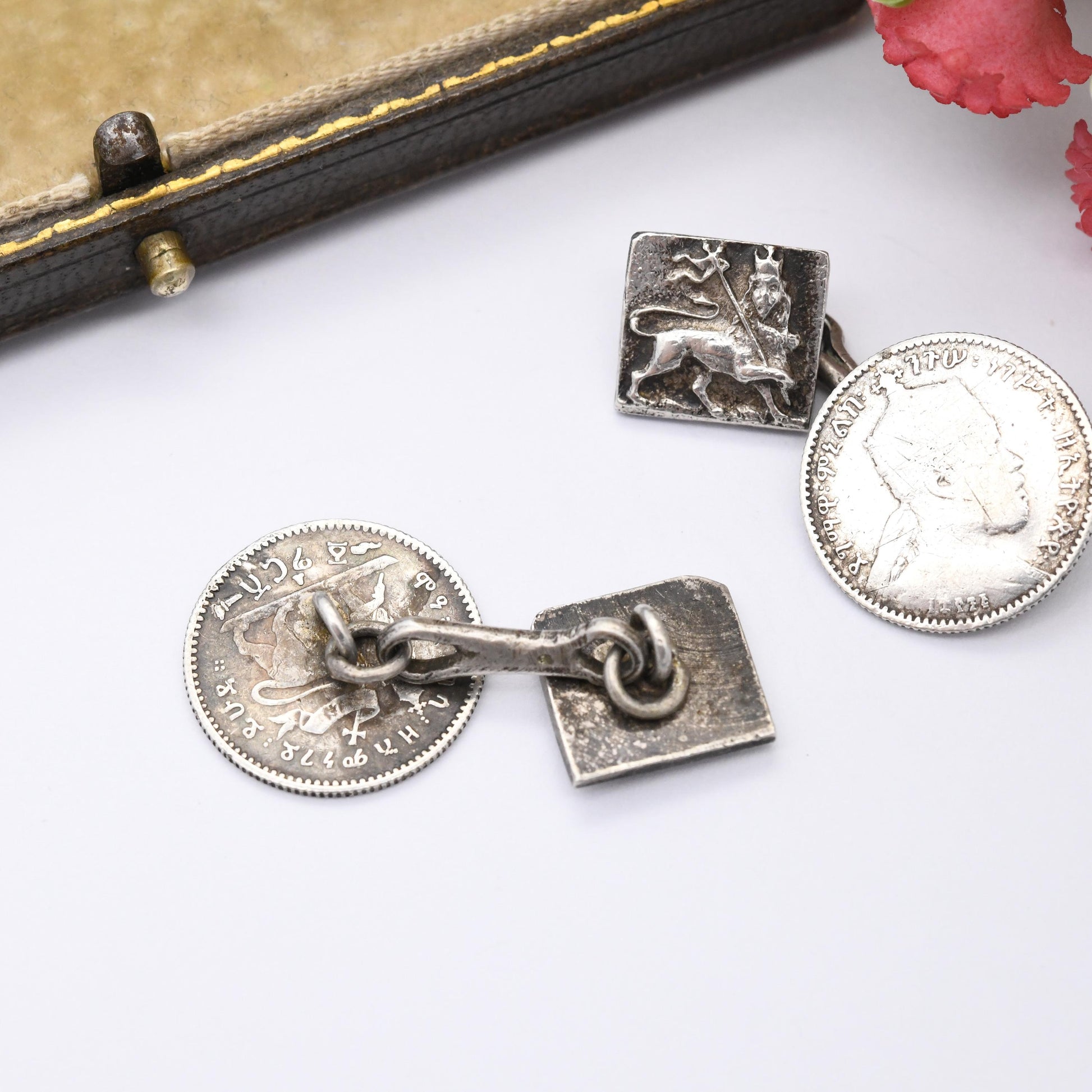 Antique Ethiopian Silver Coin Cufflinks with Lion of Judah Menelik II 1 Ghersh c. 1900 - Collectable Coin Jewellery Crowned Lion with Cross