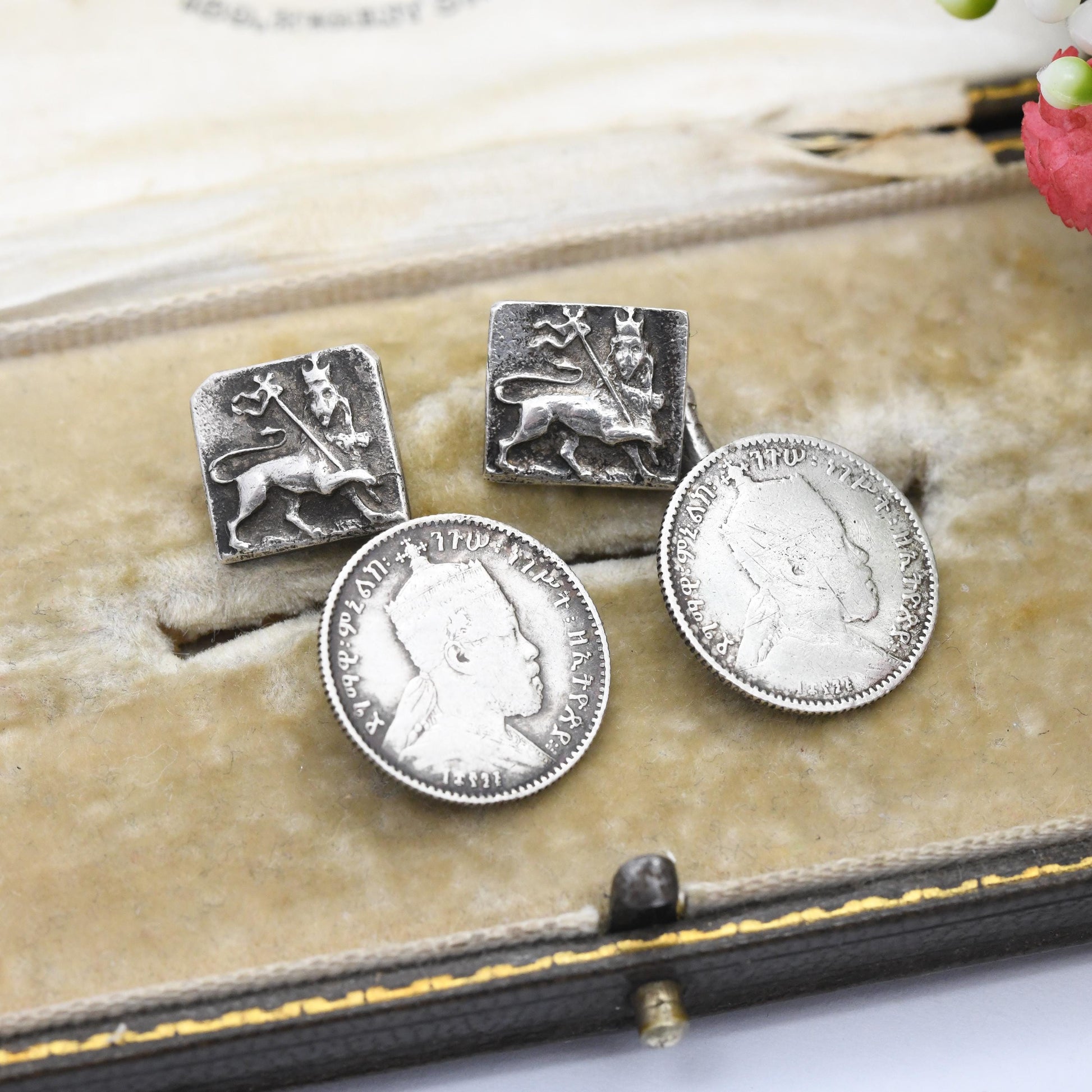 Antique Ethiopian Silver Coin Cufflinks with Lion of Judah Menelik II 1 Ghersh c. 1900 - Collectable Coin Jewellery Crowned Lion with Cross