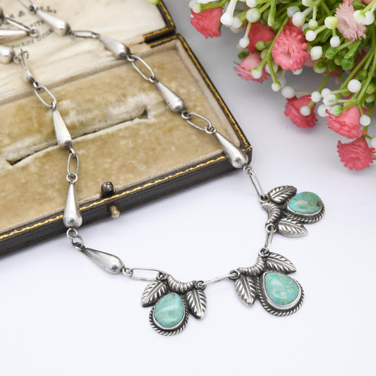 Vintage Sterling Silver Turquoise Necklace with Teardrop Gemstones Signed GCOI c. 1970s - Cabochon Integral Pendants Large Blue Stones