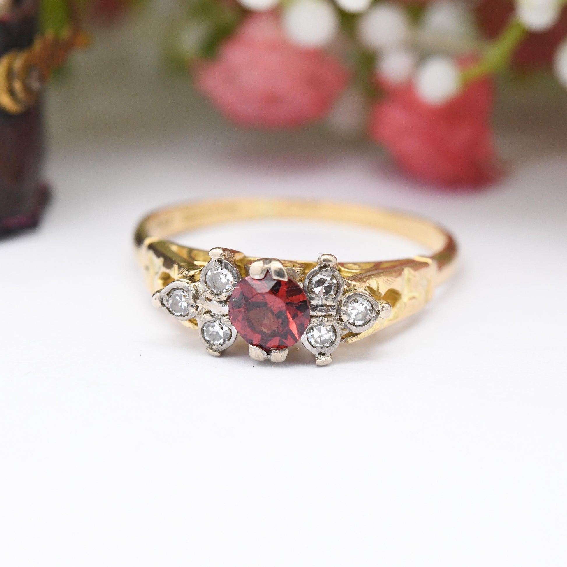 Vintage 18ct Gold Red Stone Diamond Ring 1965 - Mid-Century Statement Ring | 6 Diamond Red Gemstone Engagement | UK Size - T US Size - 9 1/2