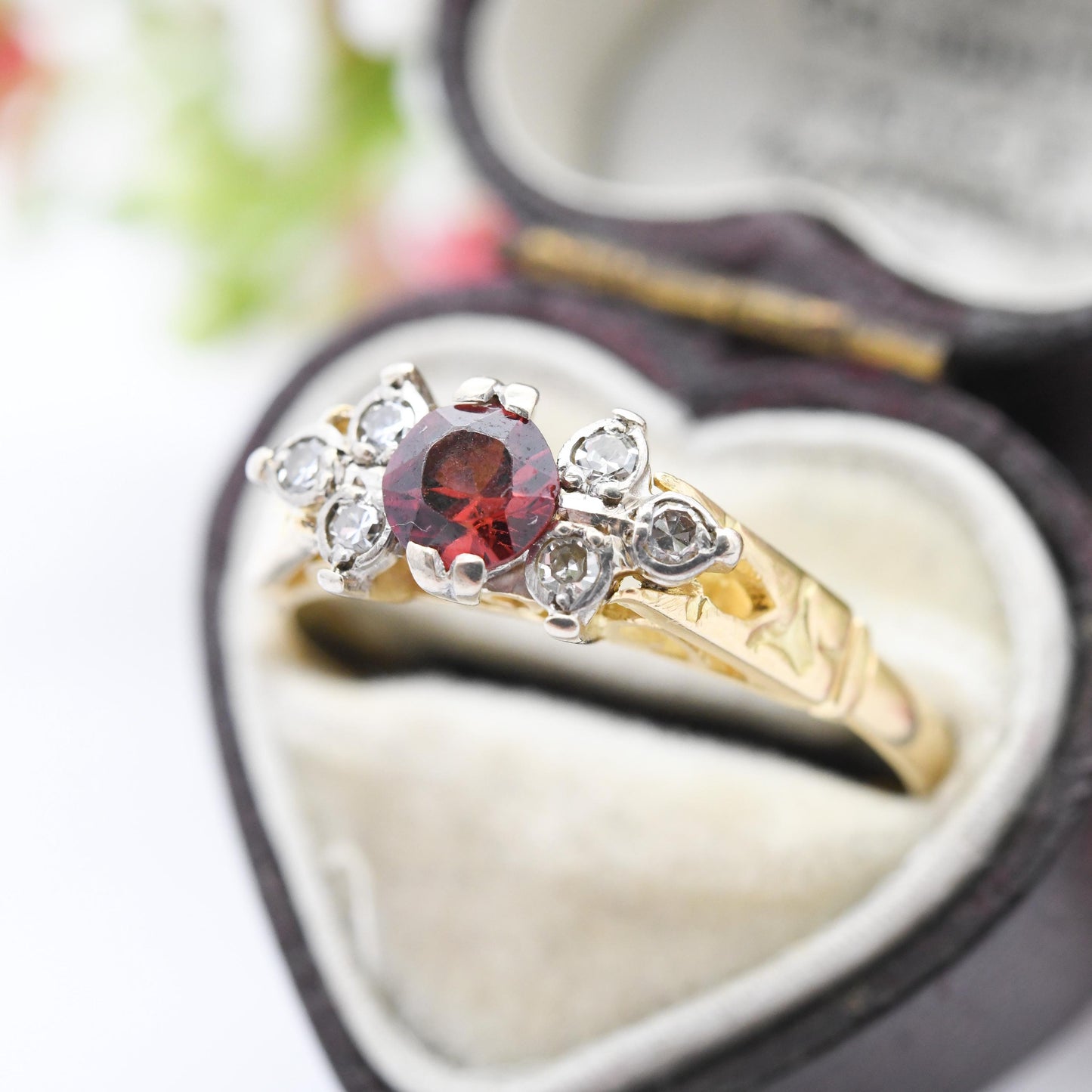 Vintage 18ct Gold Red Stone Diamond Ring 1965 - Mid-Century Statement Ring | 6 Diamond Red Gemstone Engagement | UK Size - T US Size - 9 1/2