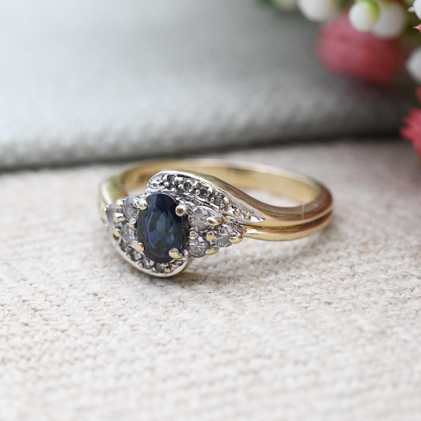 Vintage 9ct Gold Diamond Sapphire Cluster Ring 1993 - Statement Cocktail Deep Blue Engagement Ring Gift | UK Size - M 1/2 | US Size - 6 1/2