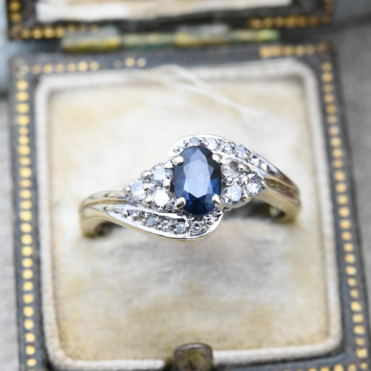 Vintage 9ct Gold Diamond Sapphire Cluster Ring 1993 - Statement Cocktail Deep Blue Engagement Ring Gift | UK Size - M 1/2 | US Size - 6 1/2