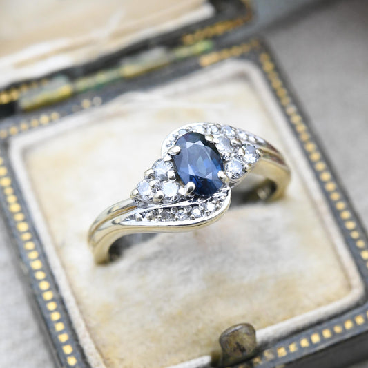 Vintage 9ct Gold Diamond Sapphire Cluster Ring 1993 - Statement Cocktail Deep Blue Engagement Ring Gift | UK Size - M 1/2 | US Size - 6 1/2