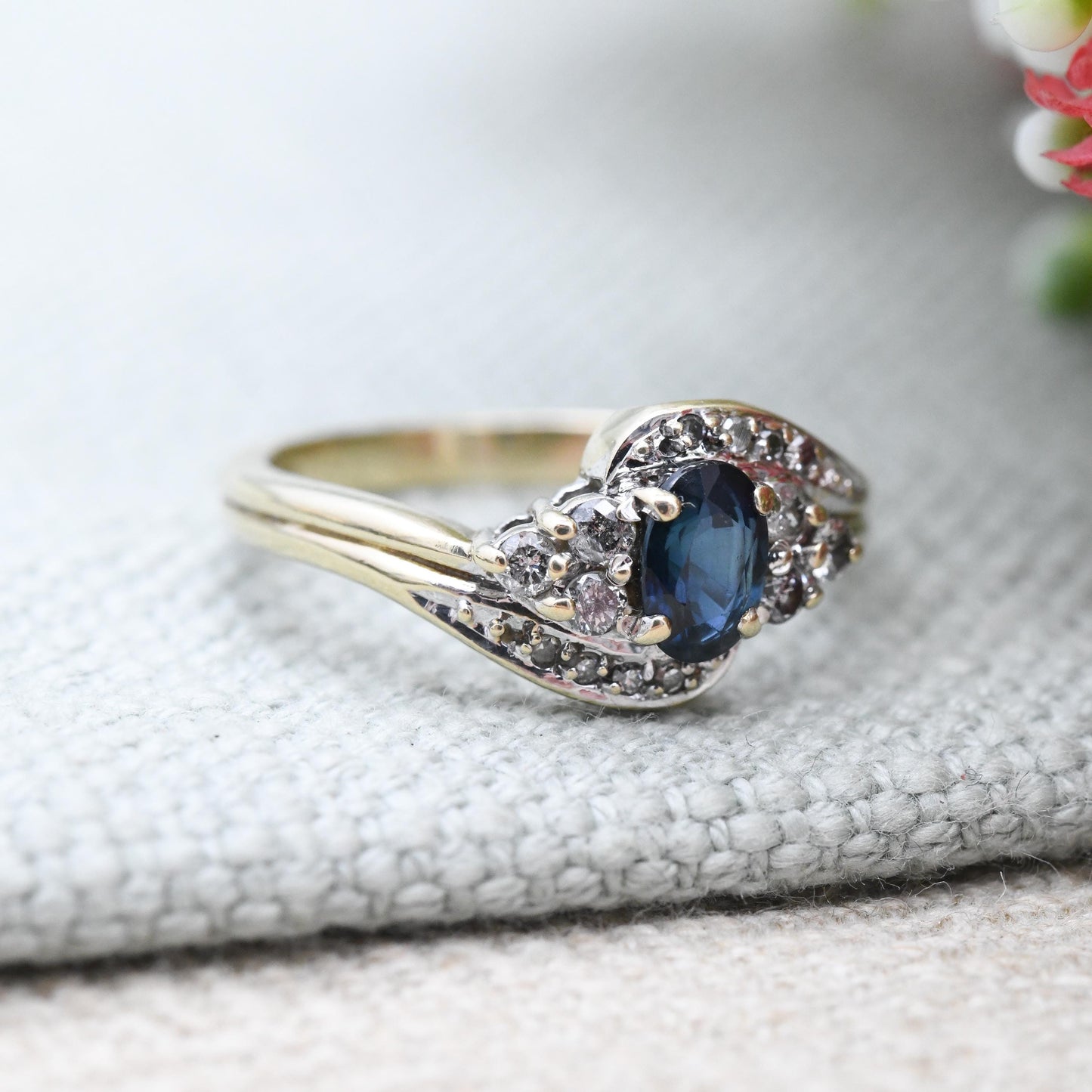 Vintage 9ct Gold Diamond Sapphire Cluster Ring 1993 - Statement Cocktail Deep Blue Engagement Ring Gift | UK Size - M 1/2 | US Size - 6 1/2