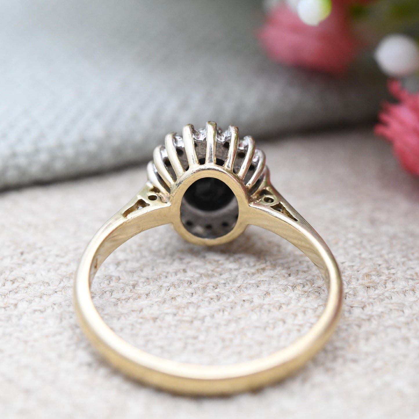 Vintage 9ct Gold Sapphire and Diamond Halo Ring 1994 - Vintage Cocktail Statement Ring | Gift for Her | UK Size - N | US Size - 6 3/4