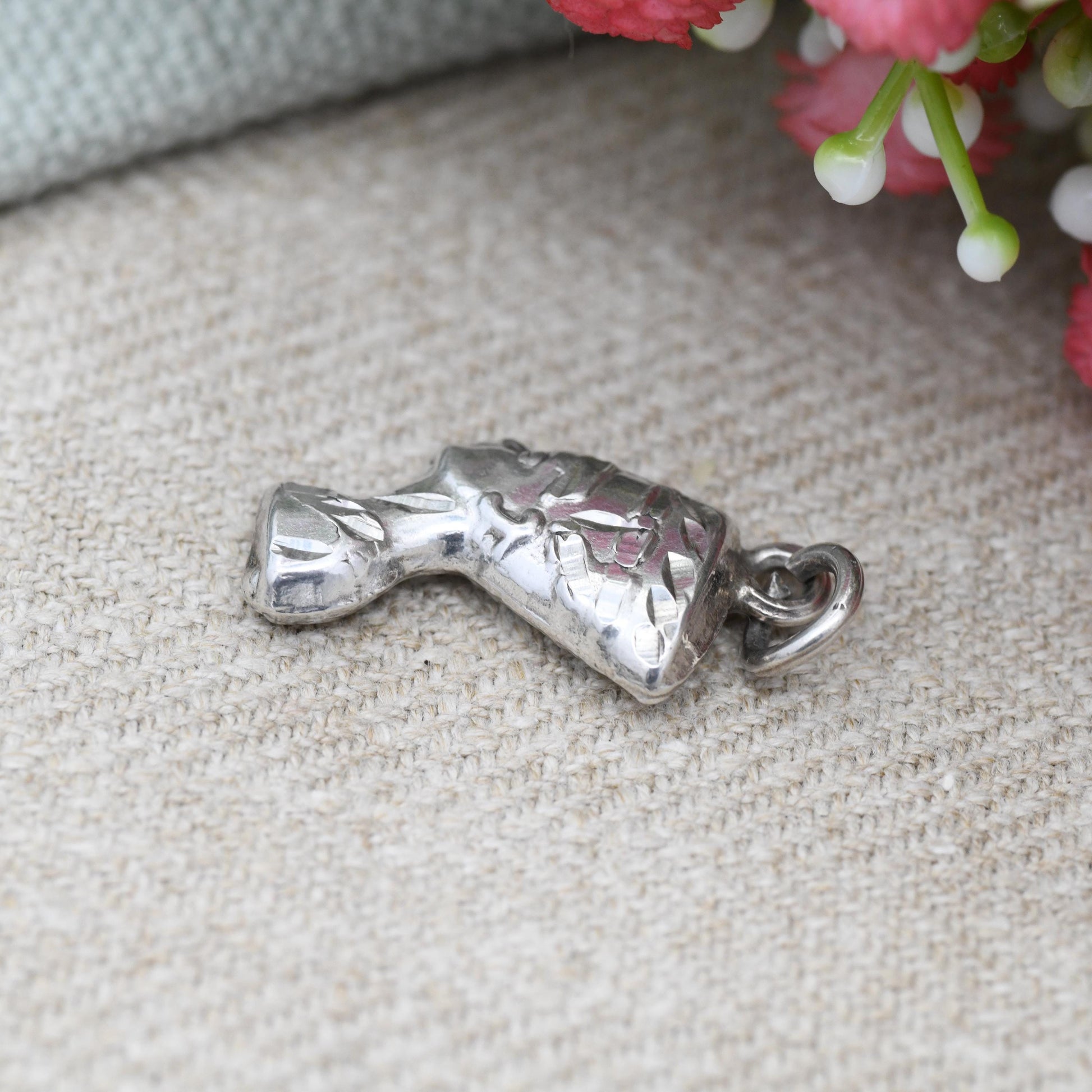 Vintage Egyptian Silver Queen Nefertiti Charm Pendant - Ancient Egypt Pharaoh | Detailed 3D Hand Cut Design | Charm Necklace Stack