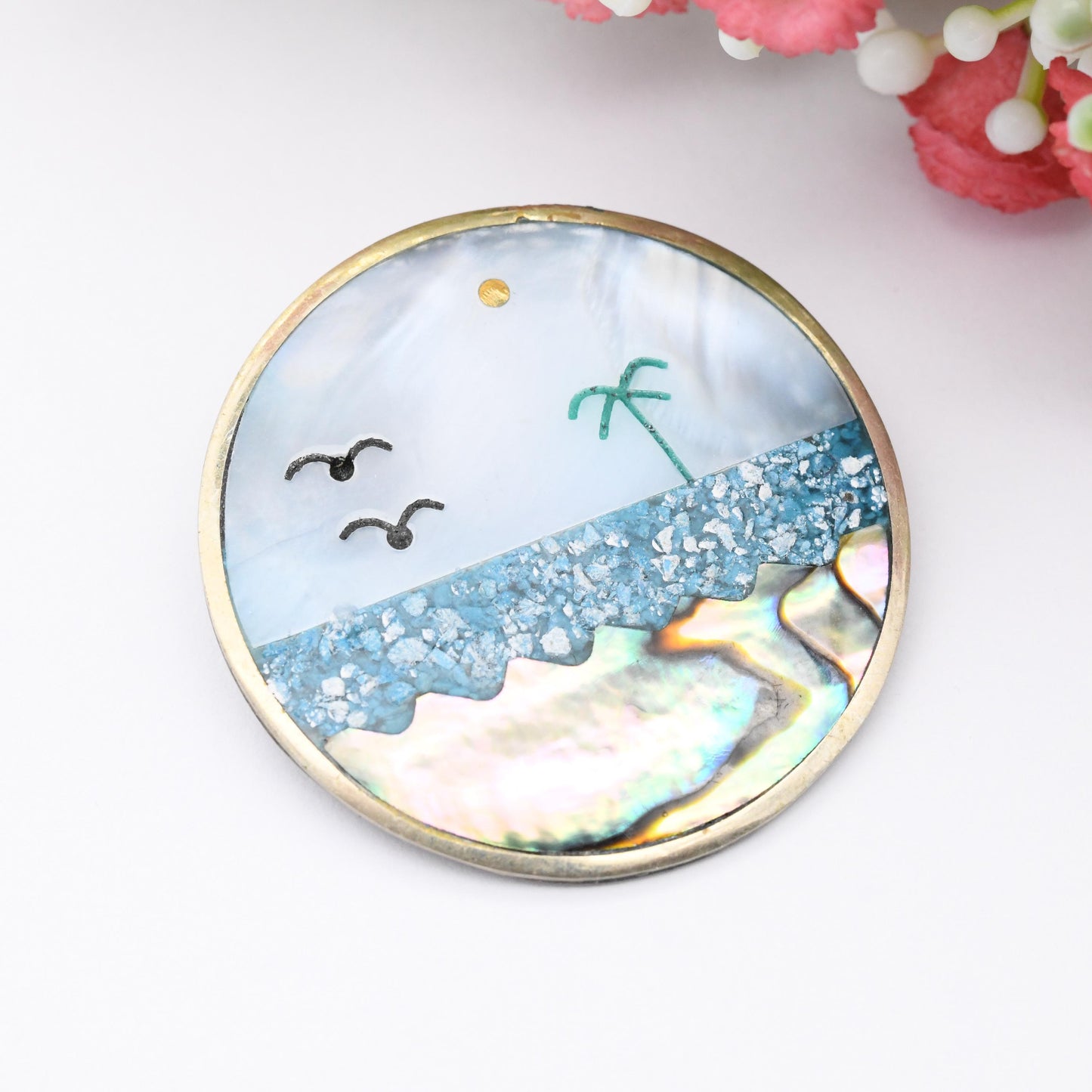 Vintage Alpaca Inlaid Shell Brooch Pendant Beach Scene Palm Tree Flying Birds - Abalone Paua Shell Mother of Pearl Mexico Costume Jewellery