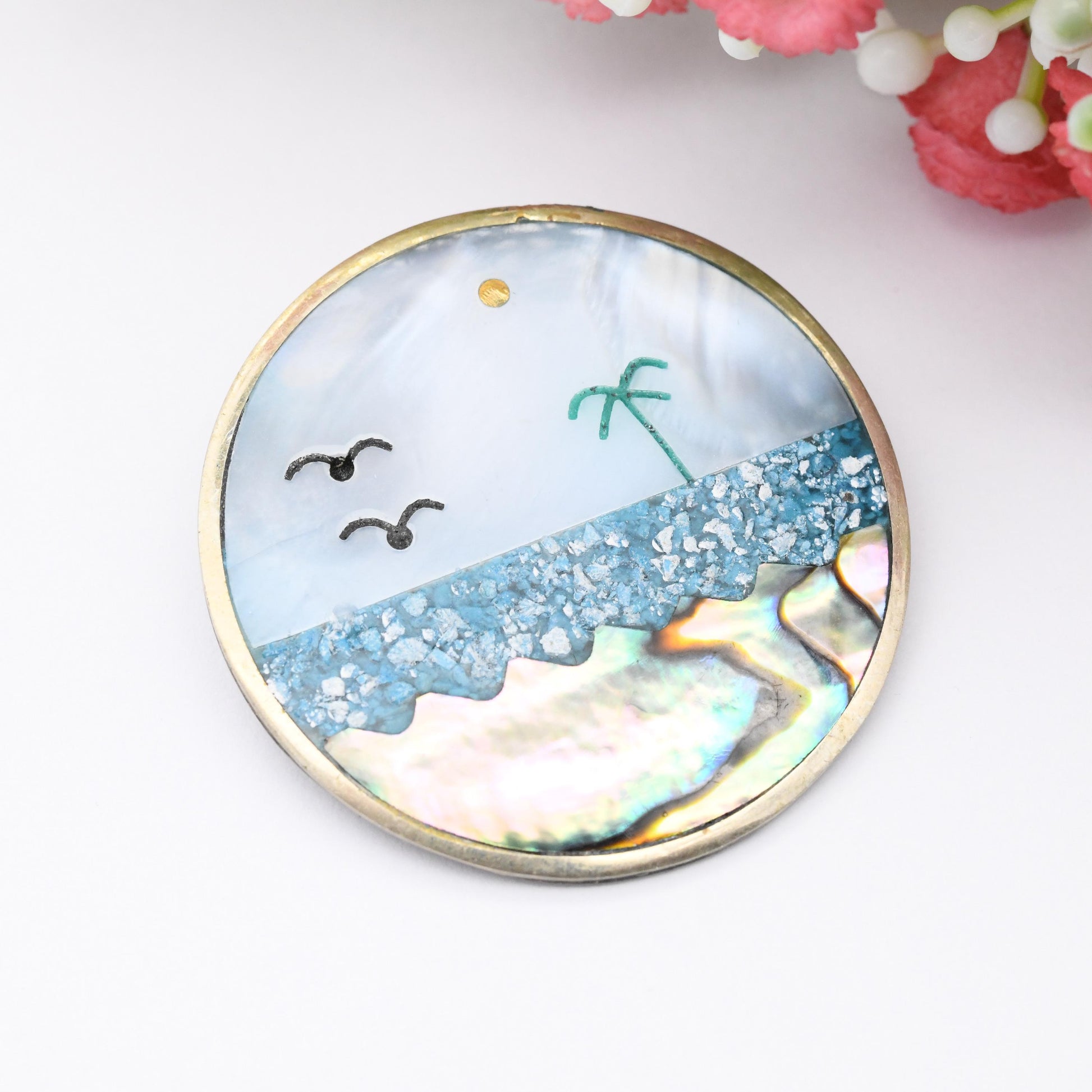 Vintage Alpaca Inlaid Shell Brooch Pendant Beach Scene Palm Tree Flying Birds - Abalone Paua Shell Mother of Pearl Mexico Costume Jewellery