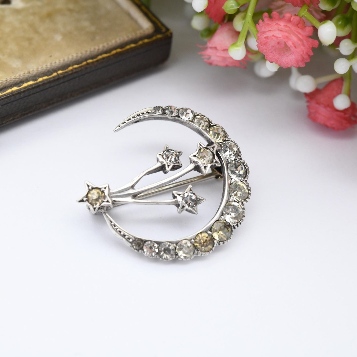 Antique Sterling Silver Paste Crescent Moon and Stars Brooch - Clear Crystal Stones Celestial Theme Shooting Stars Jewellery Gift for Her