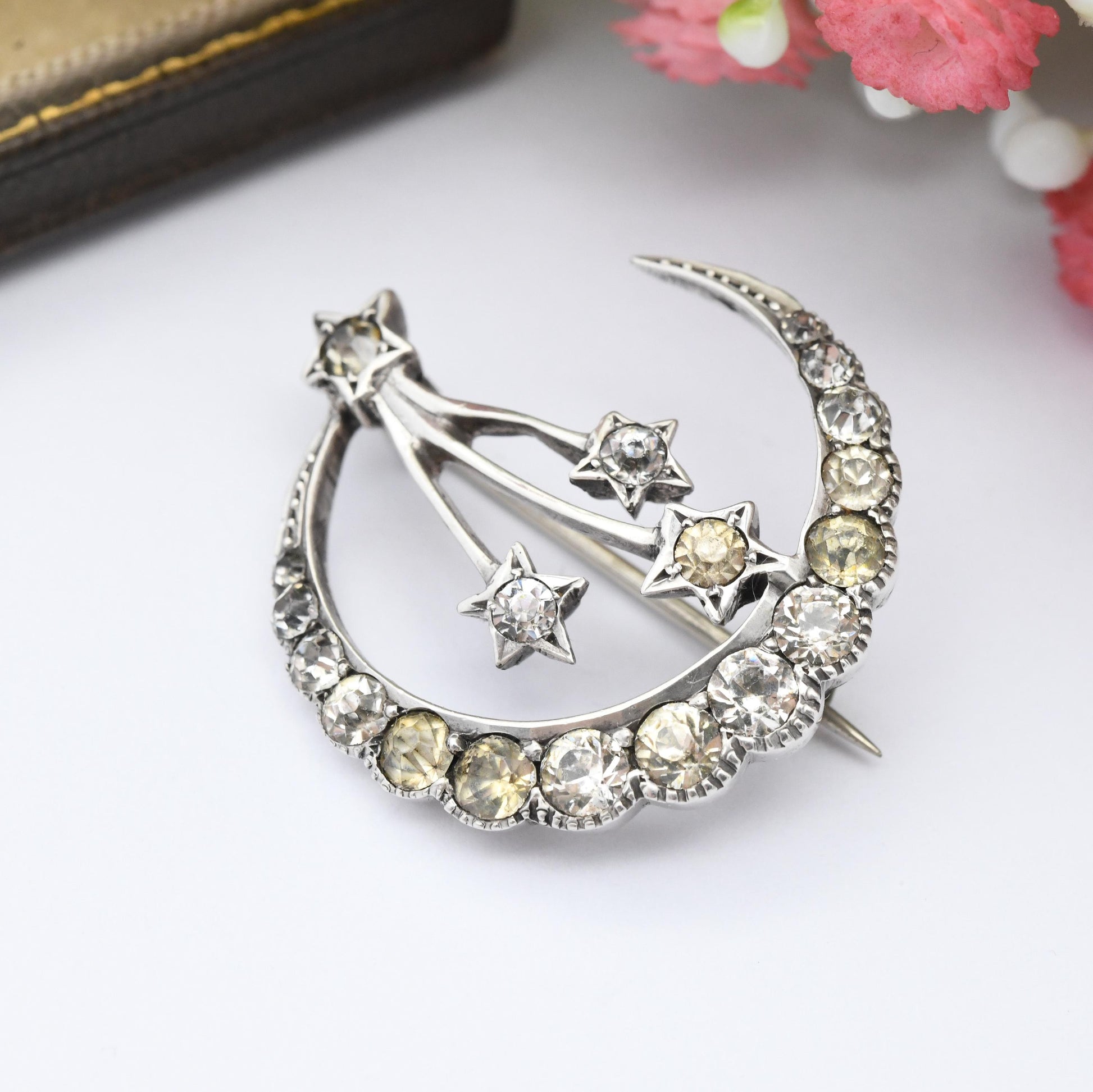 Antique Sterling Silver Paste Crescent Moon and Stars Brooch - Clear Crystal Stones Celestial Theme Shooting Stars Jewellery Gift for Her