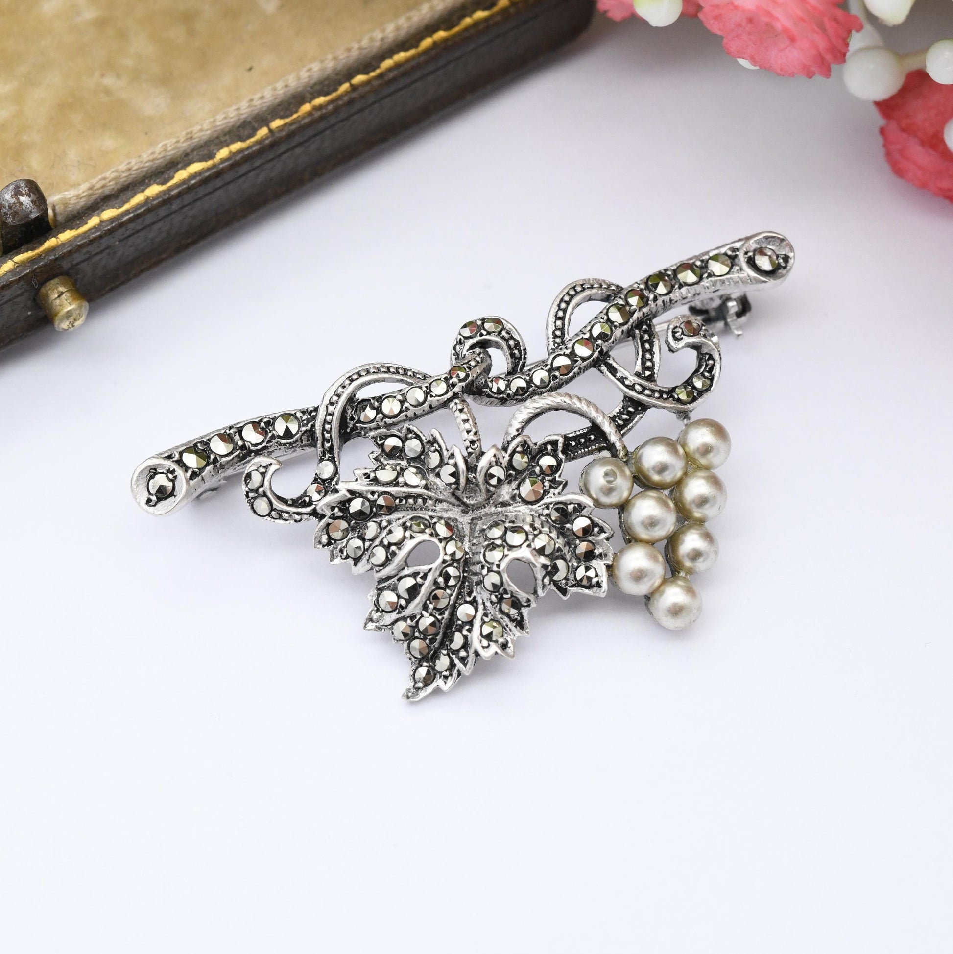 Vintage Sterling Silver Bunch of Grapes Brooch with Marcasite Leaf and Faux Pearl Fruit - Sparkly Statement Pin | Hanging from a Branch