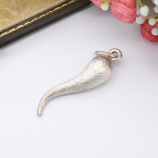 Vintage Sterling Silver Cornicello Charm Pendant - Large Cornucopia Symbolic | Textured Silver Jewellery | Italy Good Luck Horn of Plenty