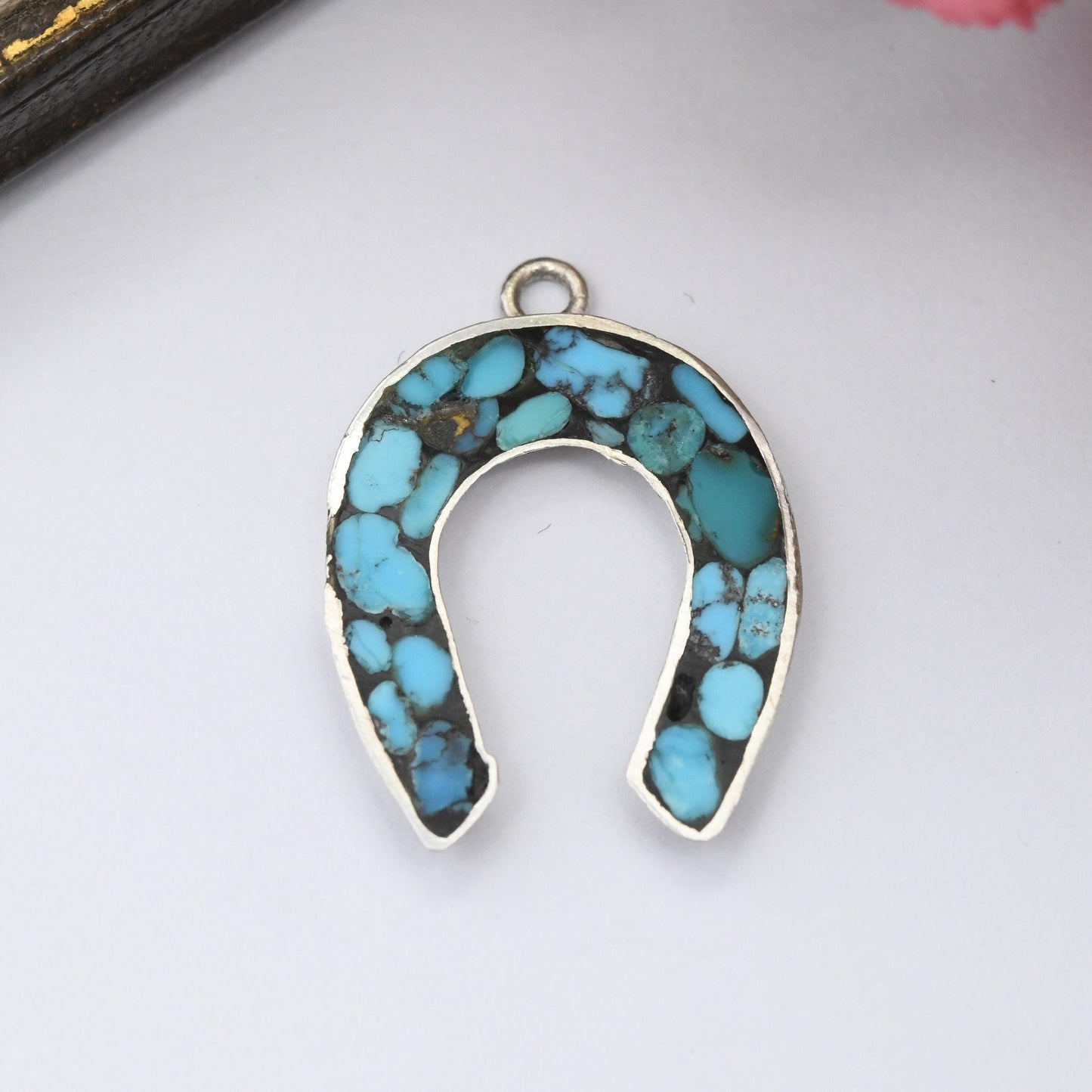 Vintage Sterling Silver Turquoise Horseshoe Charm Pendant - Good Luck Lucky Horse Shoe Blue Gemstone Southwestern Style