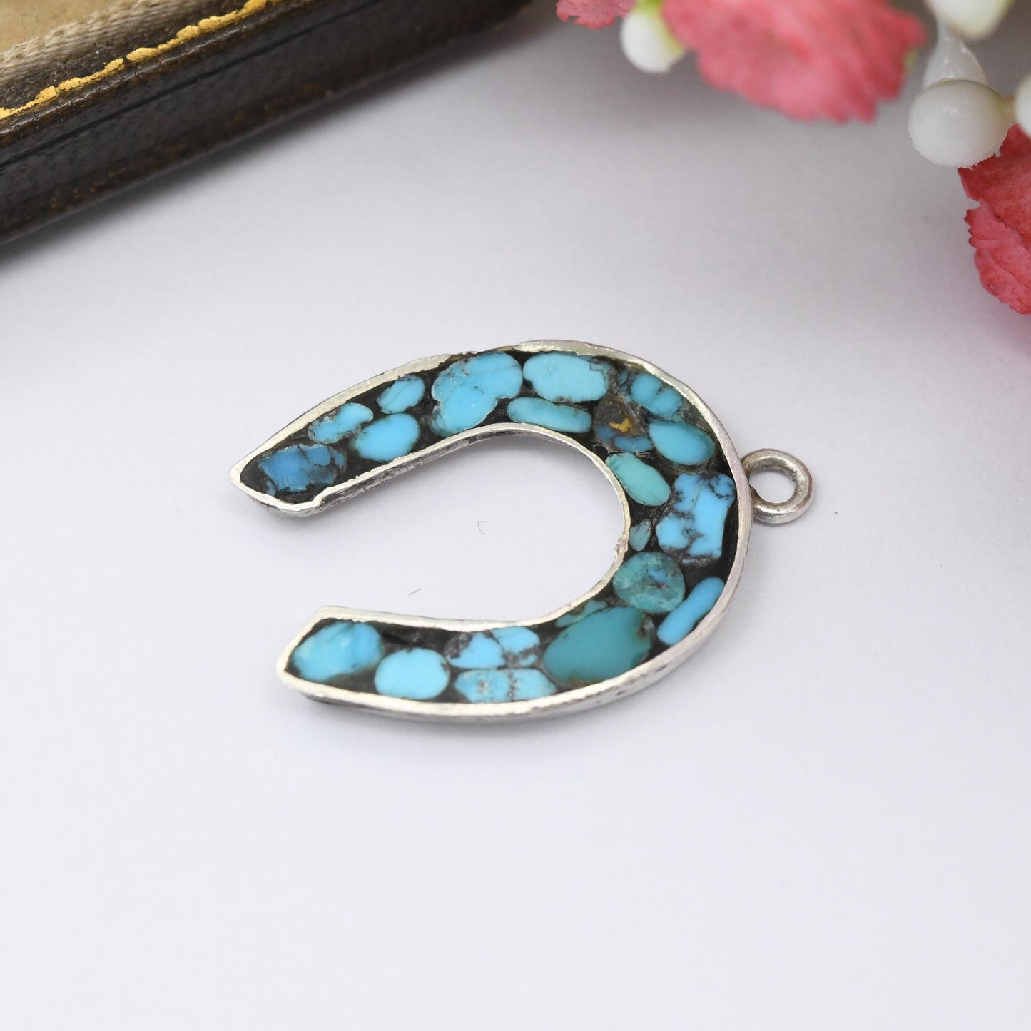 Vintage Sterling Silver Turquoise Horseshoe Charm Pendant - Good Luck Lucky Horse Shoe Blue Gemstone Southwestern Style