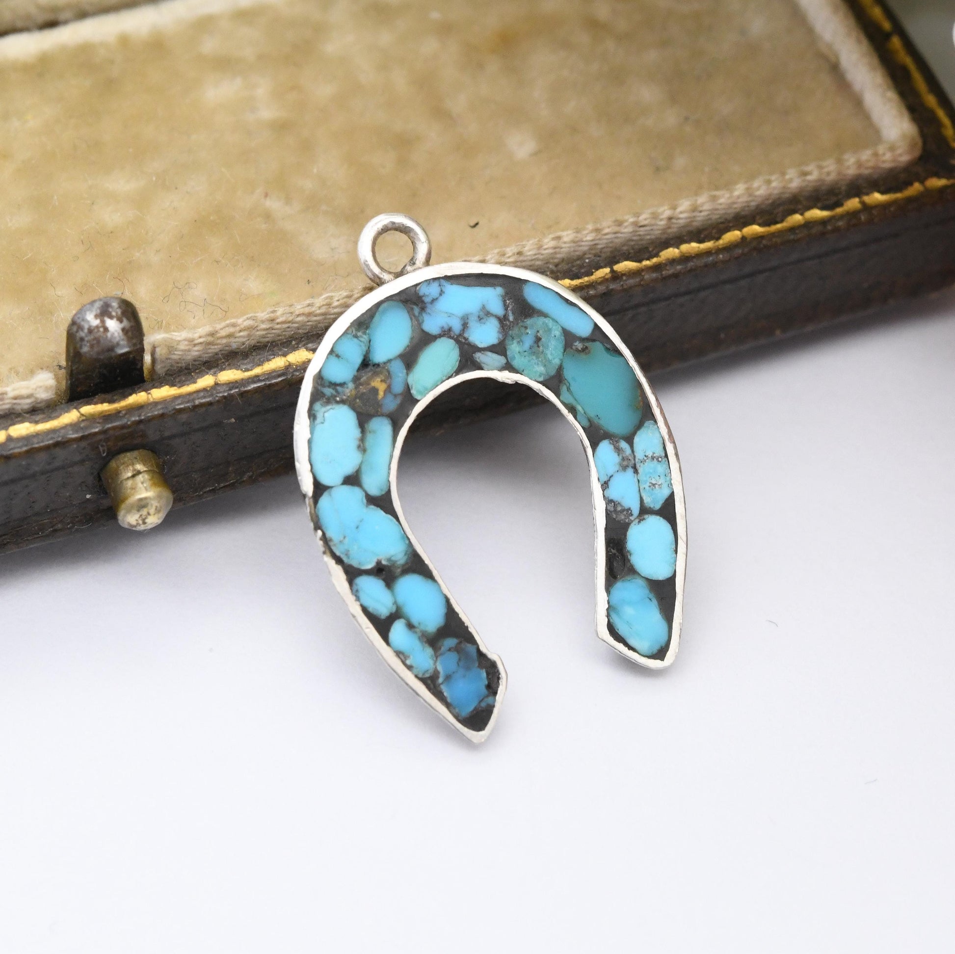 Vintage Sterling Silver Turquoise Horseshoe Charm Pendant - Good Luck Lucky Horse Shoe Blue Gemstone Southwestern Style