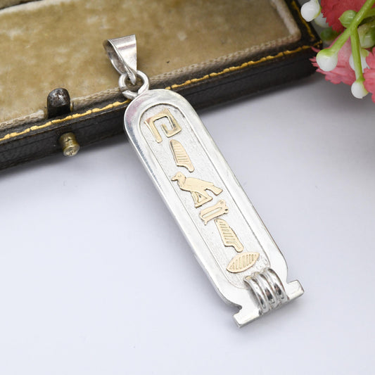 Vintage Silver Egyptian Cartouche Pendant with Gold Hieroglyphs - Egyptian Revival Souvenir Ancient Egypt Alphabet Jewellery