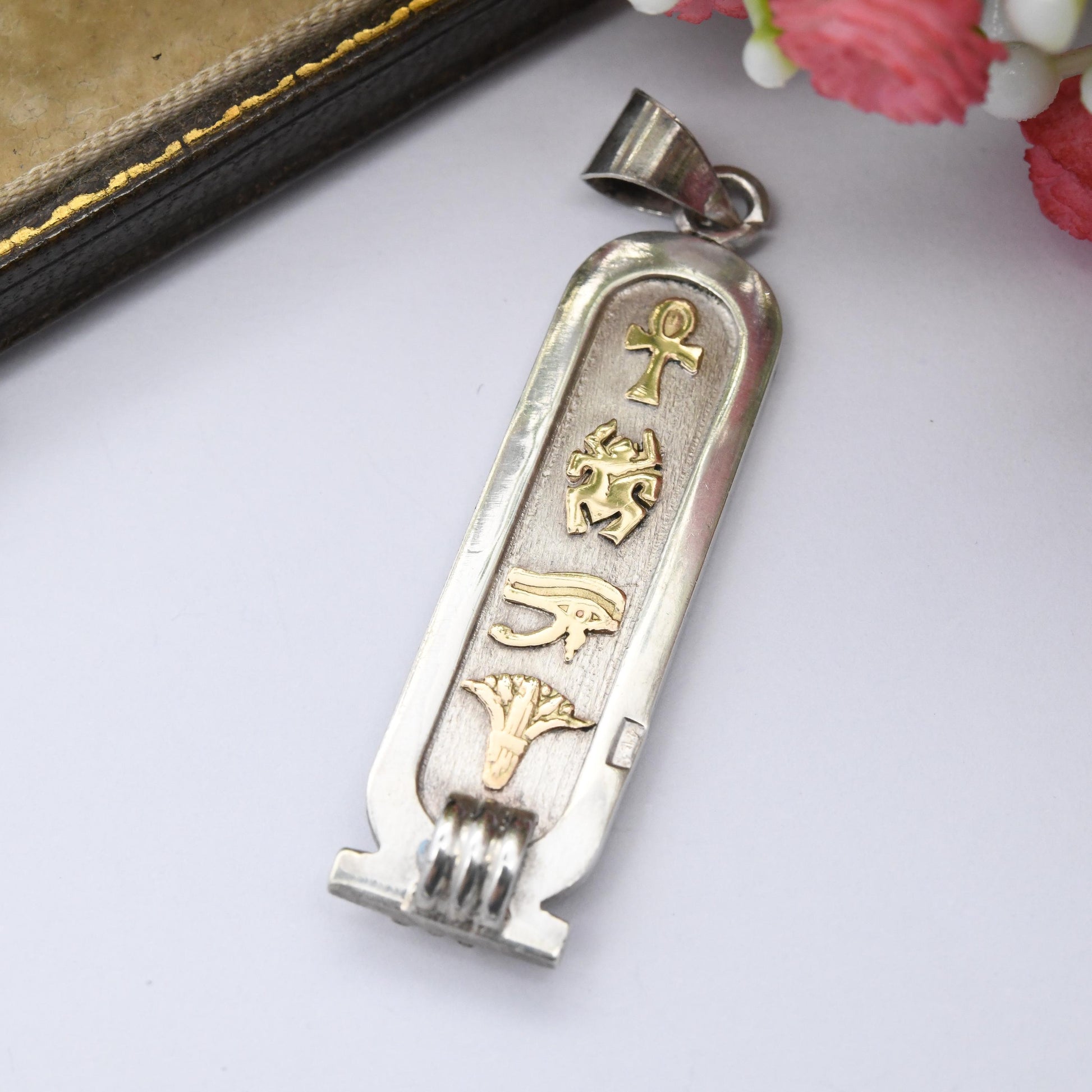 Vintage Silver Egyptian Cartouche Pendant with Gold Hieroglyphs - Egyptian Revival Souvenir Ancient Egypt Alphabet Jewellery