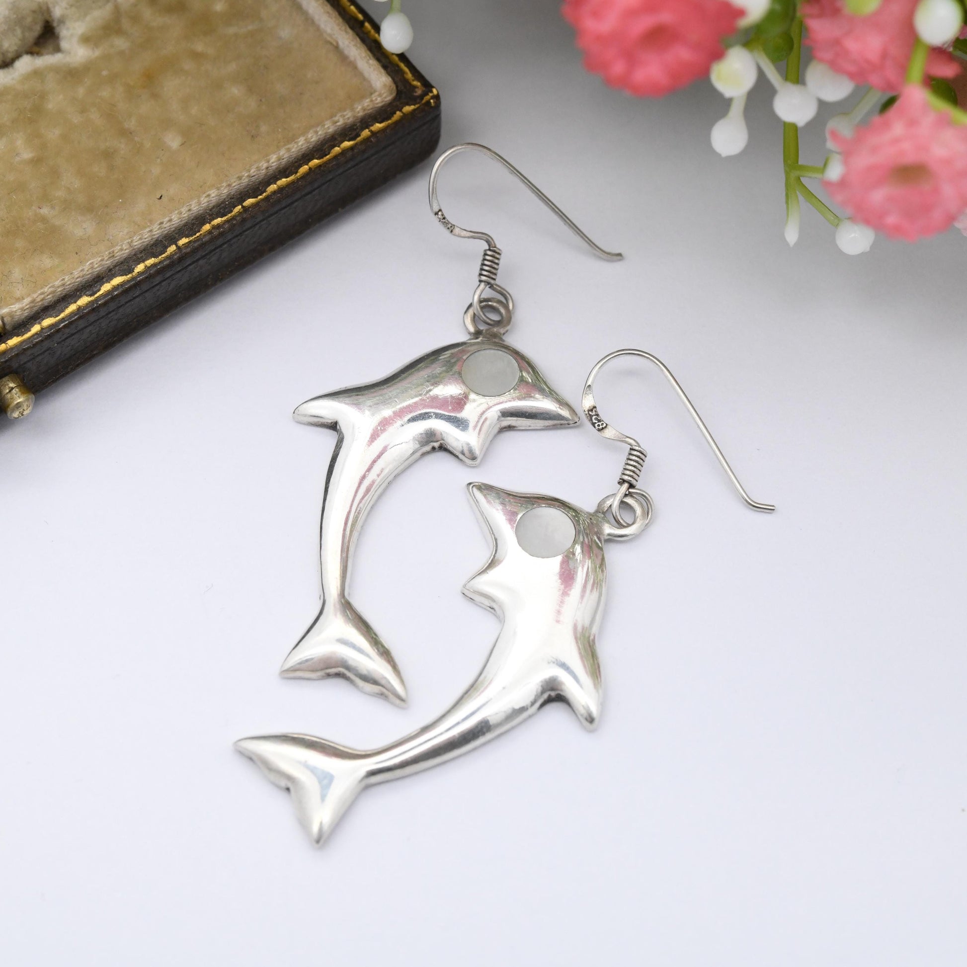 Vintage Sterling Silver Dolphin Earrings with Mother of Pearl Eyes - Large Statement Animal Theme Jewellery Dangle Drop Earrings