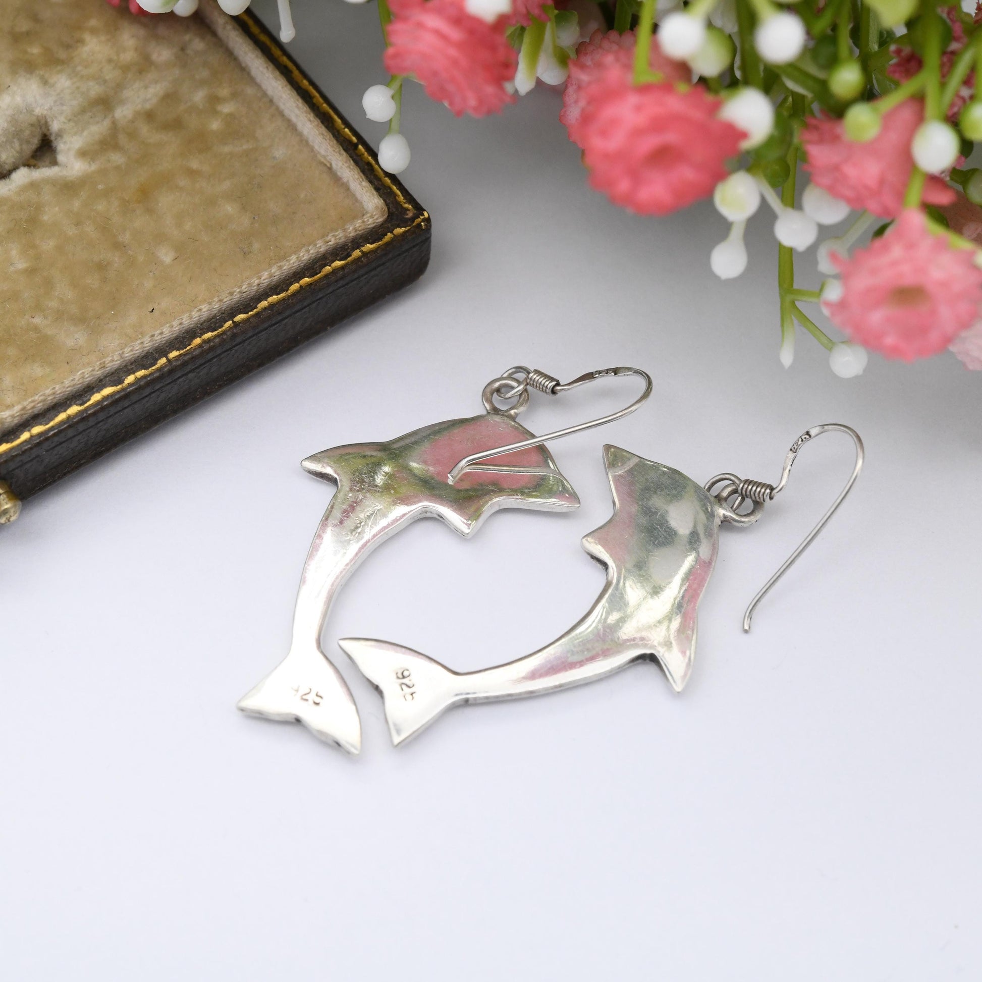 Vintage Sterling Silver Dolphin Earrings with Mother of Pearl Eyes - Large Statement Animal Theme Jewellery Dangle Drop Earrings