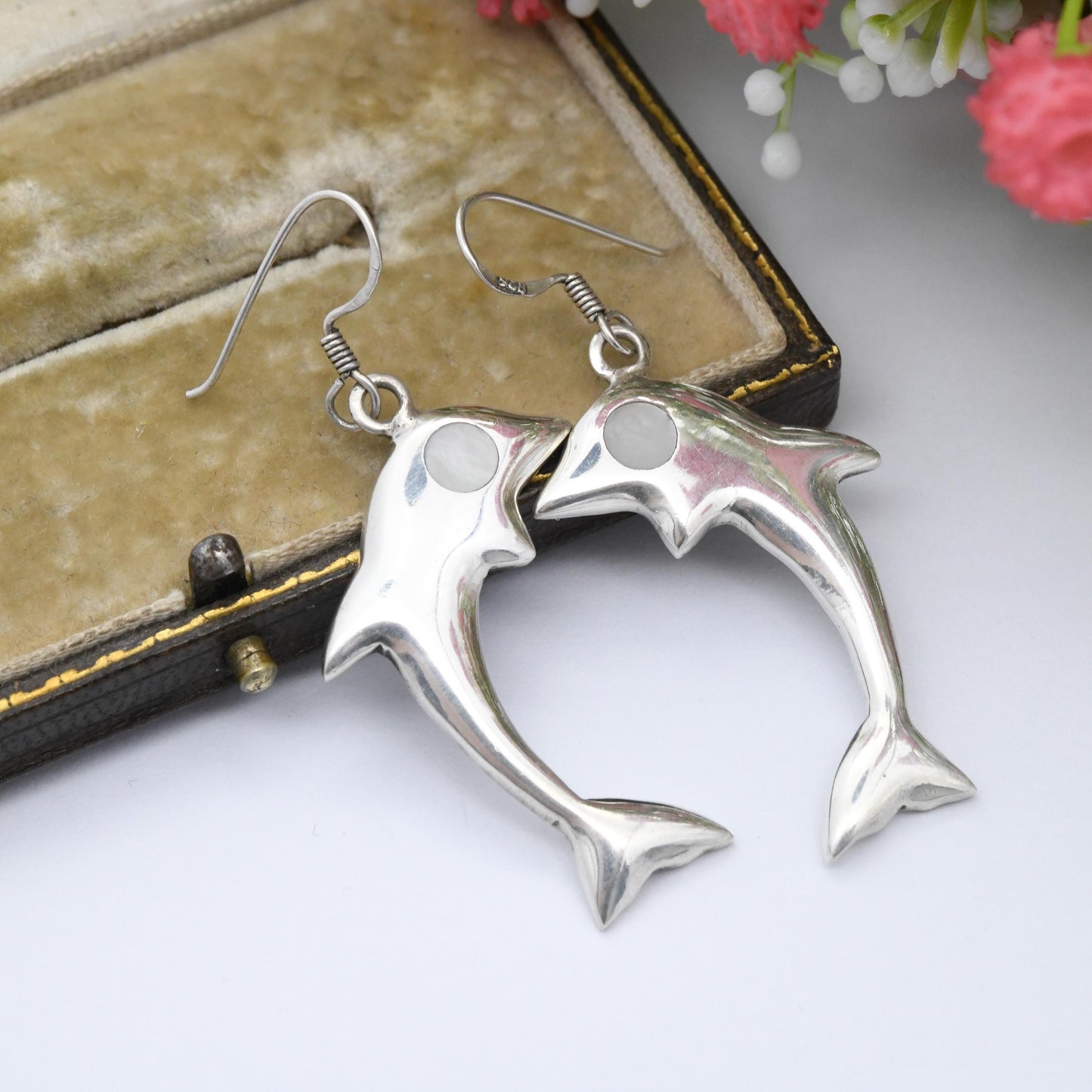 Vintage Sterling Silver Dolphin Earrings with Mother of Pearl Eyes - Large Statement Animal Theme Jewellery Dangle Drop Earrings