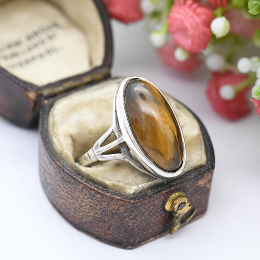 Vintage Sterling Silver Tiger's Eye Ring - Mid-Century Large Oval Cabochon Brown Gemstone | UK Size - N 1/2 | US Size - 6 3/4