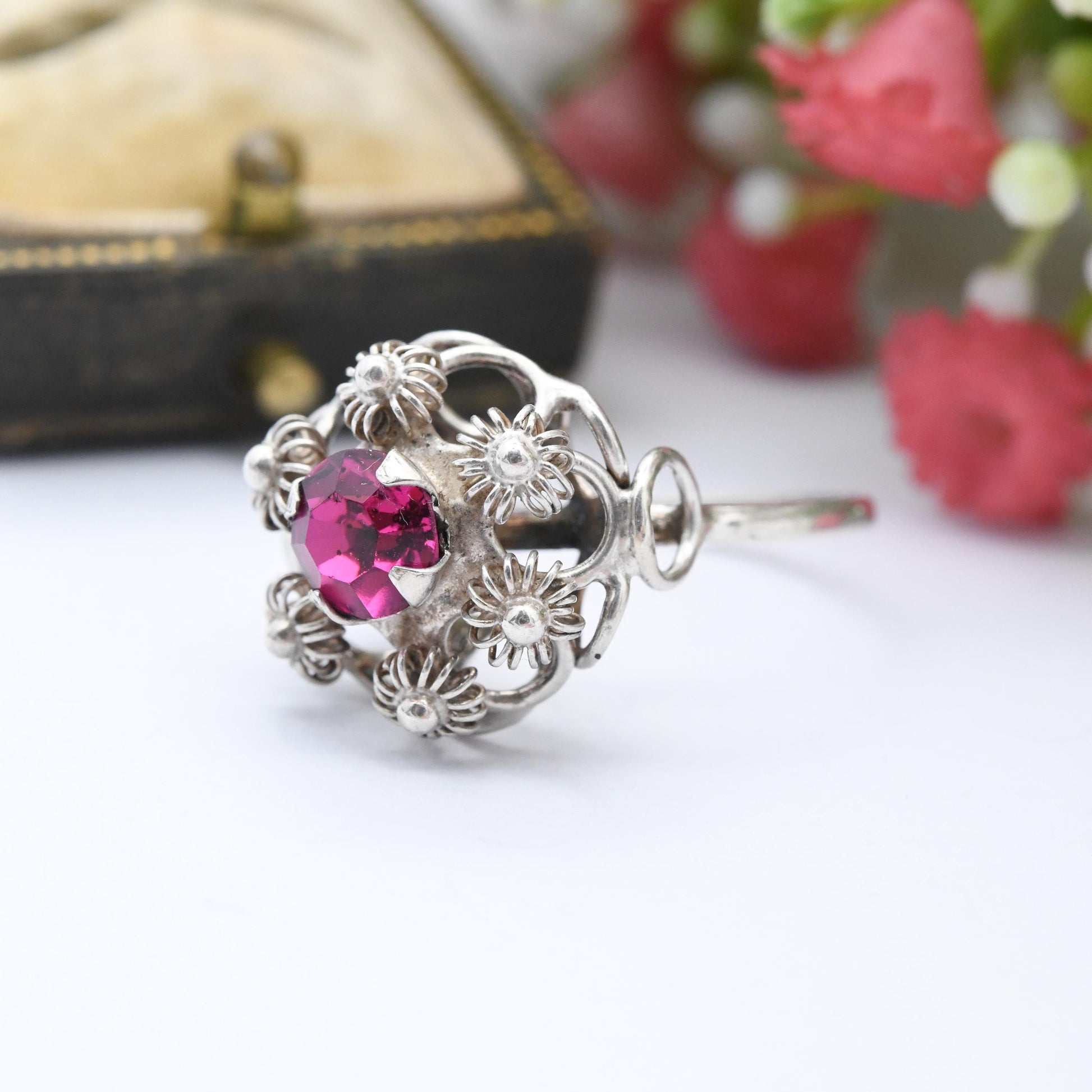 Vintage Sterling Silver Pink Stone Wirework Ring - Faceted Deep Pink Paste Solitaire with Floral Boule Design | UK Size - P US Size - 7 1/2