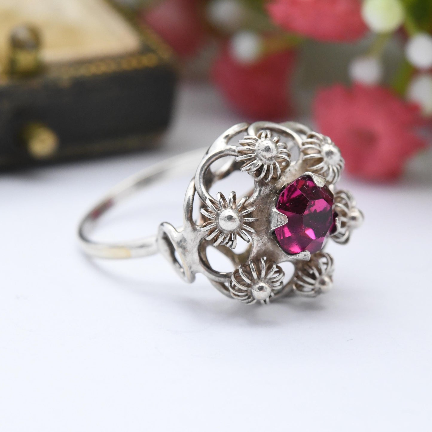 Vintage Sterling Silver Pink Stone Wirework Ring - Faceted Deep Pink Paste Solitaire with Floral Boule Design | UK Size - P US Size - 7 1/2