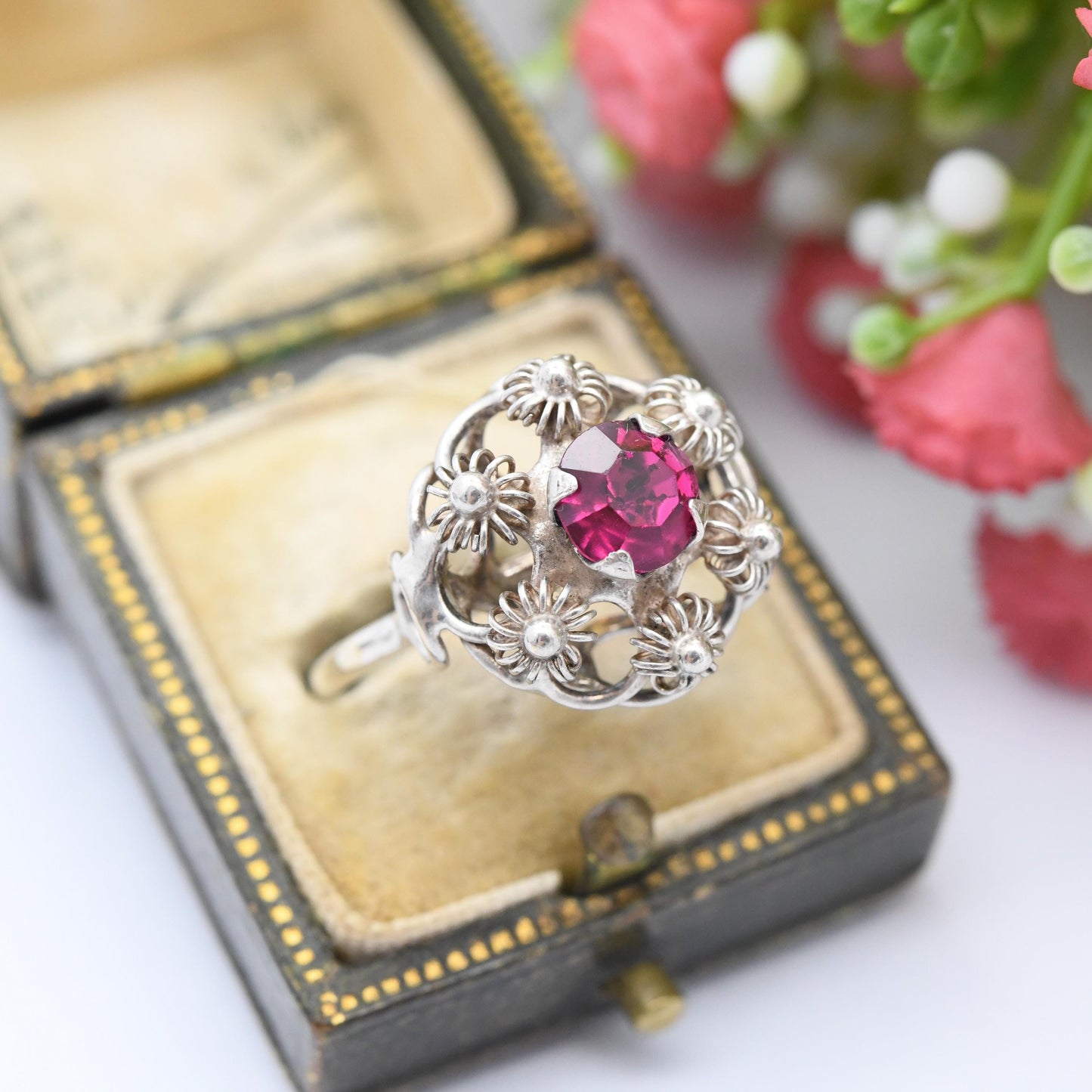 Vintage Sterling Silver Pink Stone Wirework Ring - Faceted Deep Pink Paste Solitaire with Floral Boule Design | UK Size - P US Size - 7 1/2