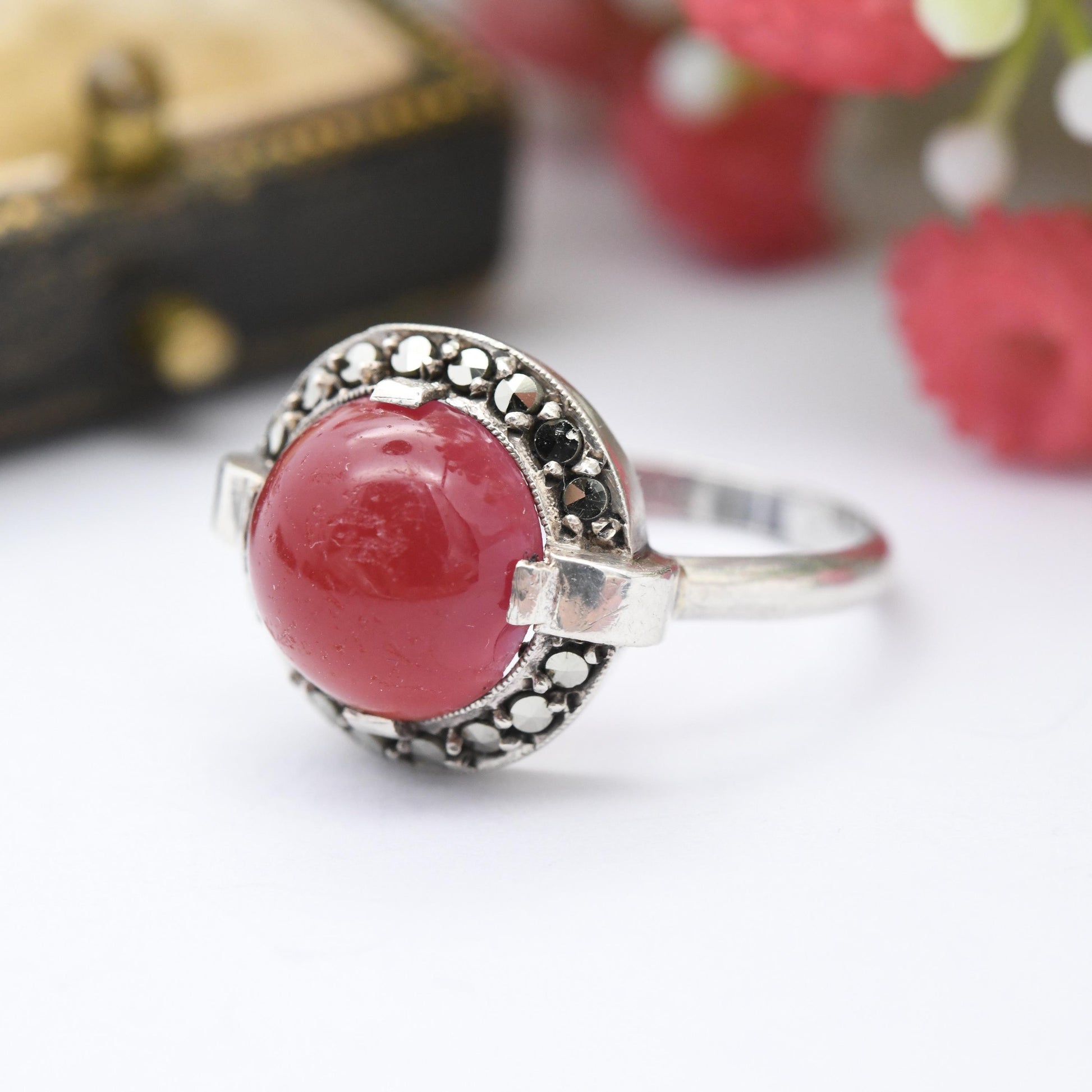 Vintage Art Deco Silver Statement Ring with Marcasite Halo Red Stone - European 935 Silver Cabochon Stone | UK Size - O 1/2 US Size - 7 1/2