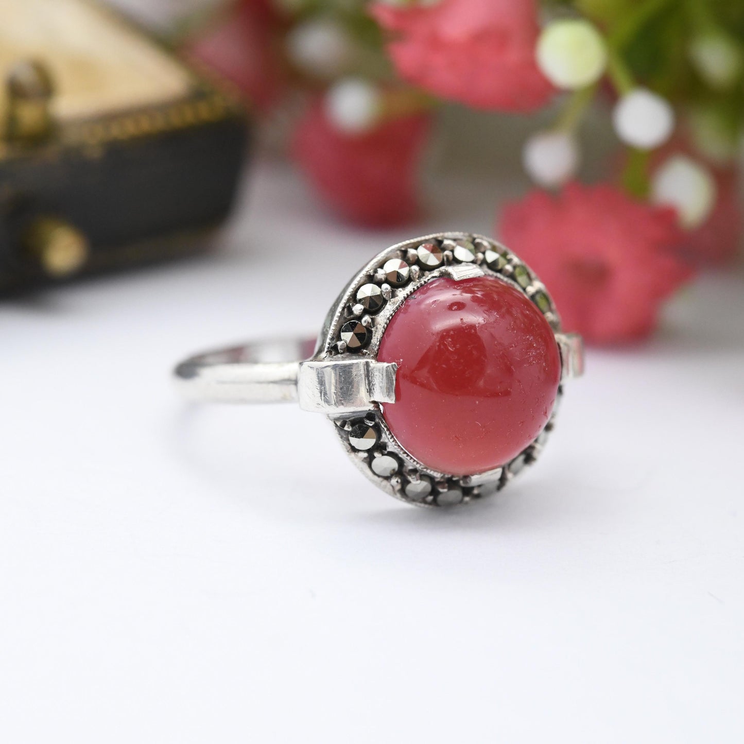 Vintage Art Deco Silver Statement Ring with Marcasite Halo Red Stone - European 935 Silver Cabochon Stone | UK Size - O 1/2 US Size - 7 1/2