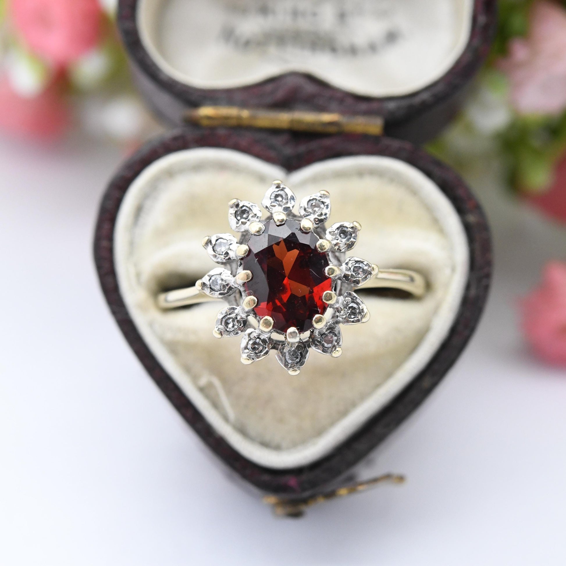 Vintage 9ct Gold Garnet Diamond Flower Ring 1988 by Alfred Terry - Floral Halo Red Gemstone | UK Size - Q | US Size - 8 1/4