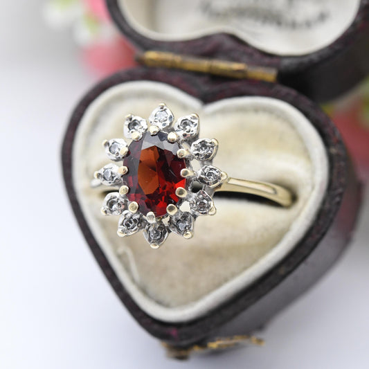 Vintage 9ct Gold Garnet Diamond Flower Ring 1988 by Alfred Terry - Floral Halo Red Gemstone | UK Size - Q | US Size - 8 1/4