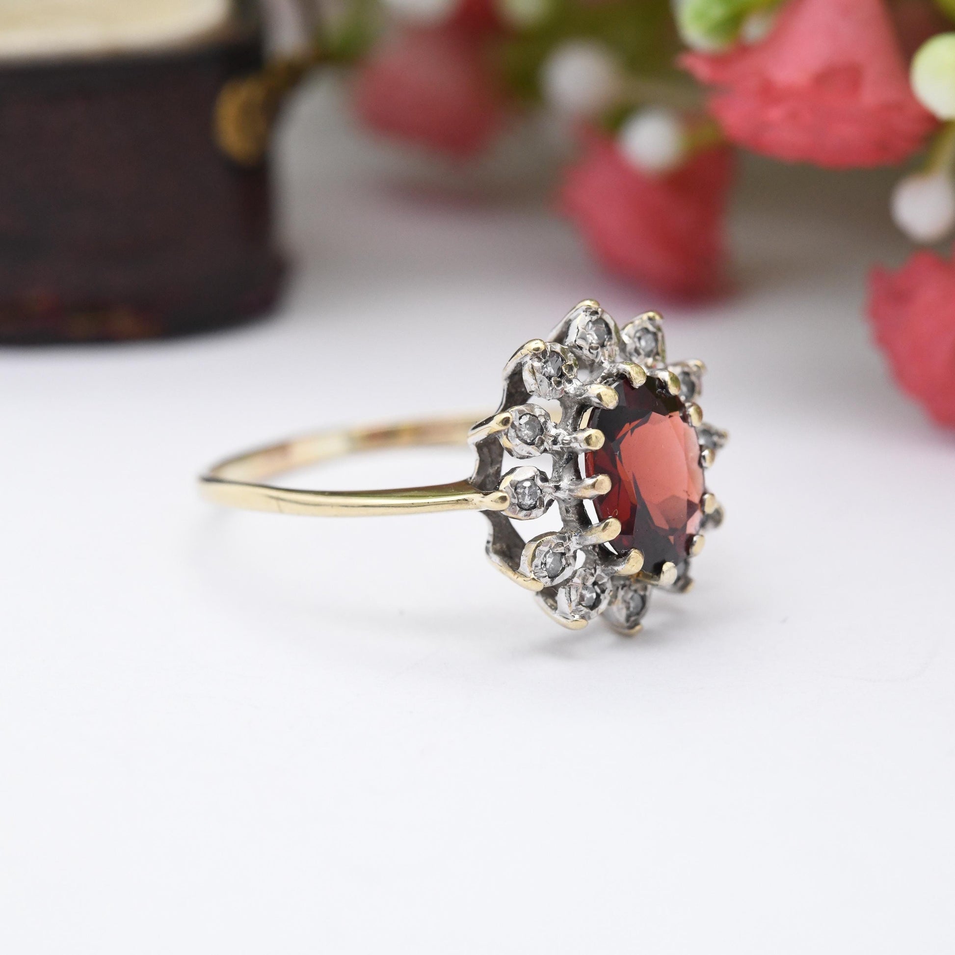 Vintage 9ct Gold Garnet Diamond Flower Ring 1988 by Alfred Terry - Floral Halo Red Gemstone | UK Size - Q | US Size - 8 1/4