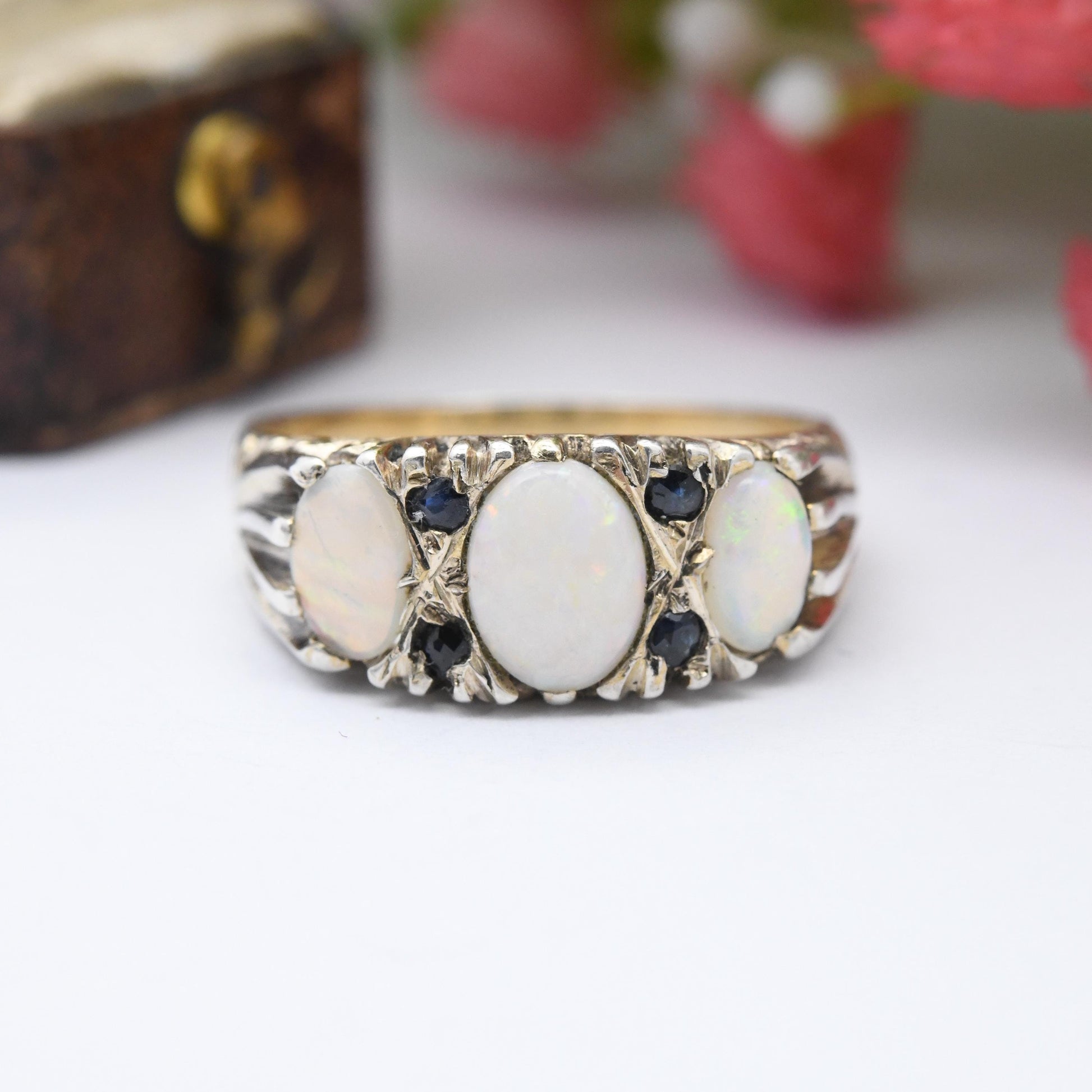 Vintage Sterling Silver Opal Three Stone Ring Sapphire Accents P & R Bushell 1970s - Antique Revival Style | UK Size - Q | US Size - 8 1/4