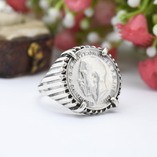 Vintage Sterling Silver George V Threepence Coin Signet Ring 1911 - Line Textured Setting Coin Jewellery | UK Size - N 1/2 | US Size - 7