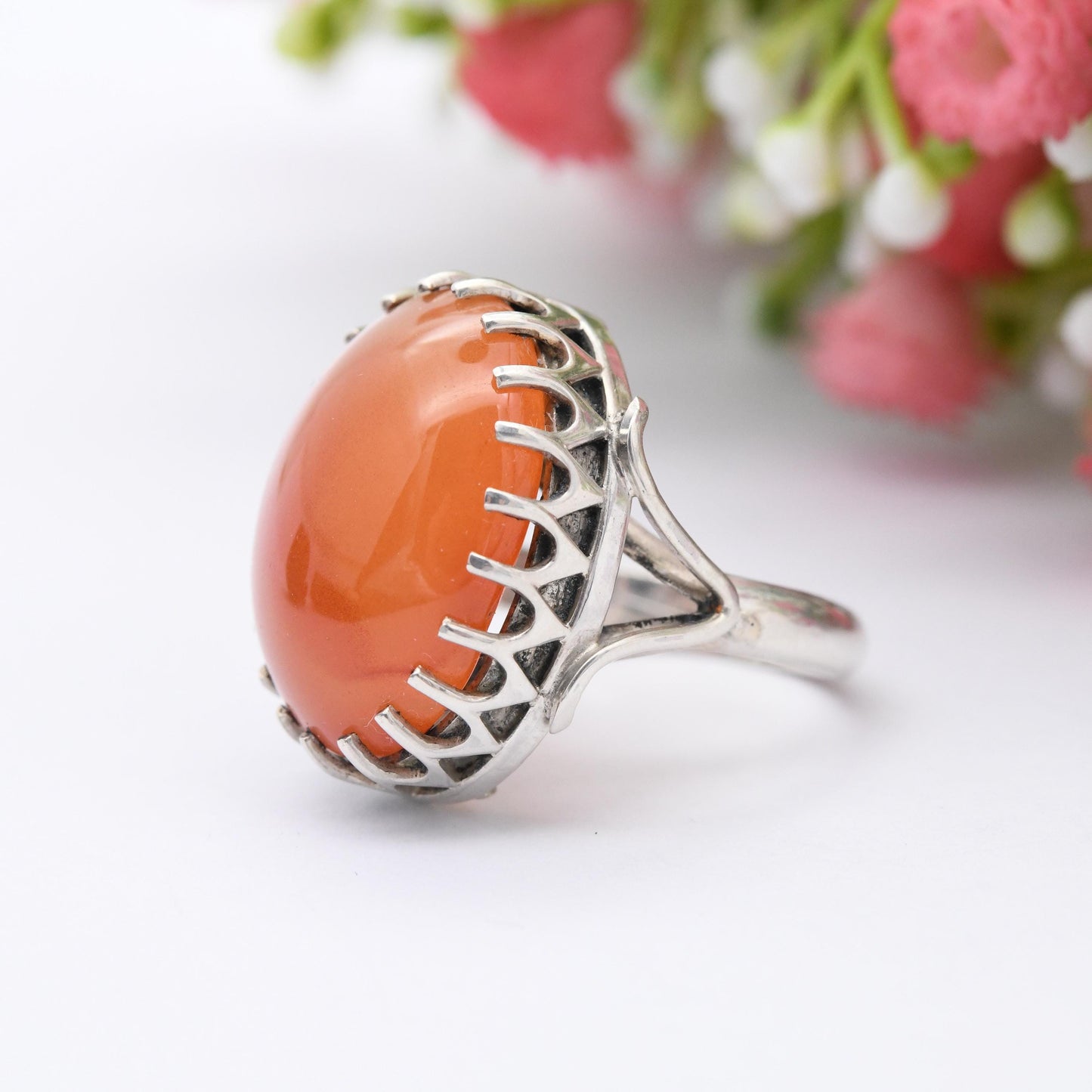 Vintage Sterling Silver Carnelian Ring - Cabochon Large Orange Gemstone Openwork Claw Mount Pretty Gift | UK Size - K | US Size - 5 1/4